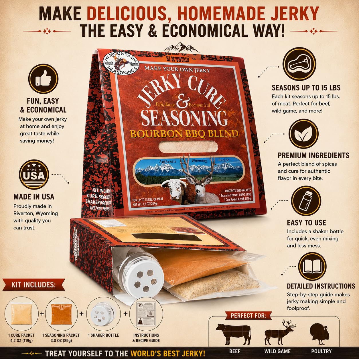 Hi Mountain BOURBON BBQ BLEND Jerky Seasoning and Cure Kit | Beef & Venison | Sweet bourbon BBQ flavor, perfect jerky seasoning for deer, elk