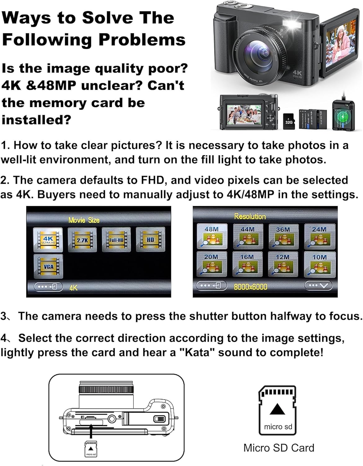 4K Digital Camera for Beginners & Teens, with Flip Screen, 32G Card(Black) | 48MP Camera for Photography, Vlogging Camera for YouTube, Travel