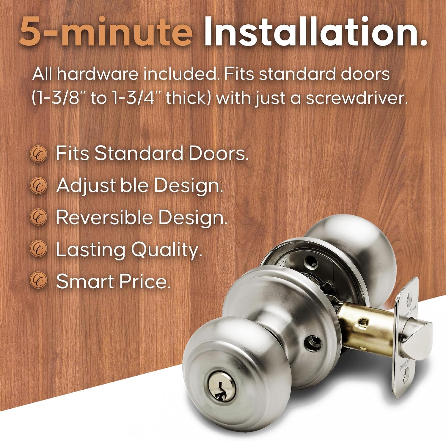 Copper Creek Colonial Privacy Interior Door Knob – ANSI Grade-3 Certified, Modern Heavy Duty Handle, Easy Install and Reversible for Bedroom, Bathroom and Closets – Satin Stainless (1 Pack)