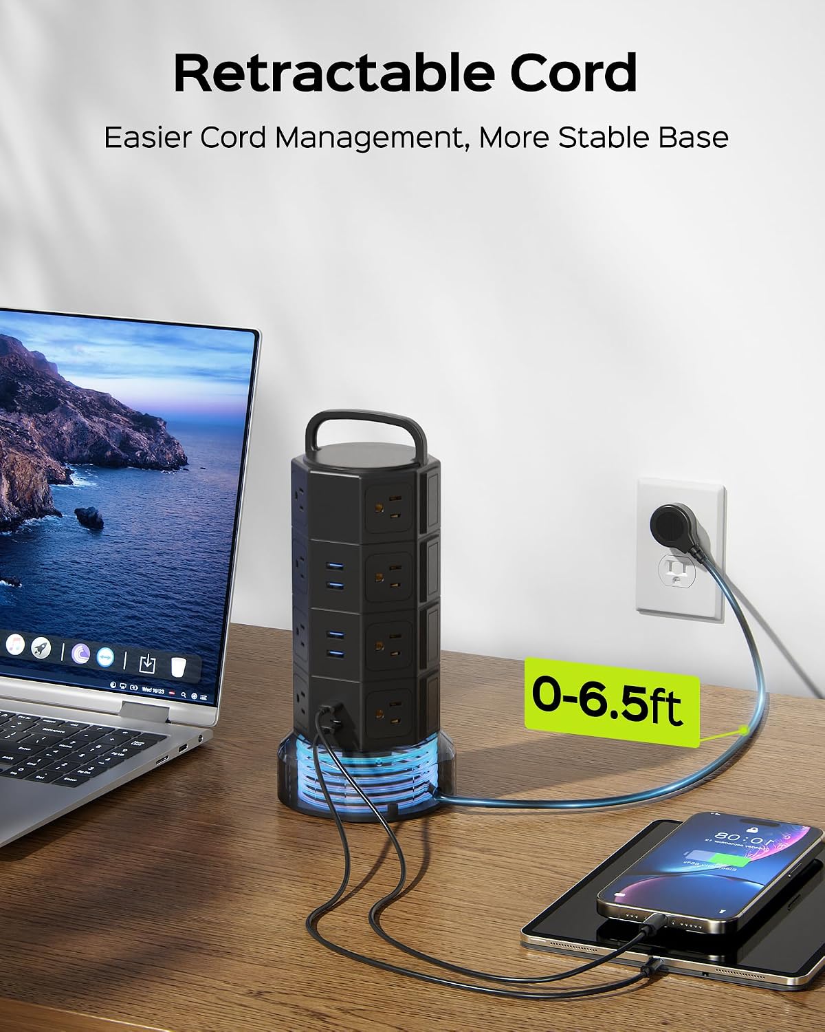 JACKYLED Power Strip Tower Surge Protector, 12 AC 6 USB (2 USB C), 1050J