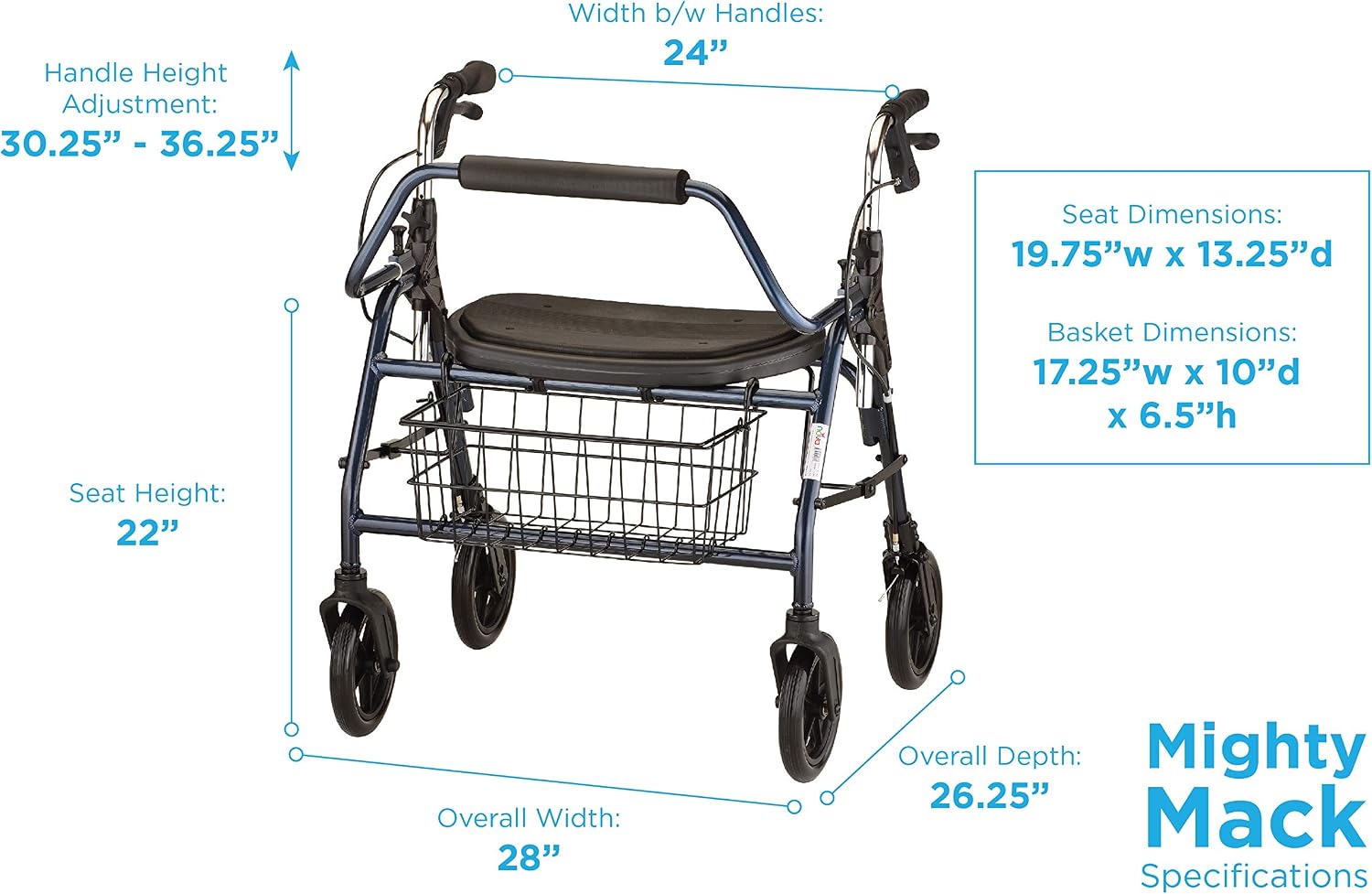 NOVA Mighty Mack Heavy Duty Bariatric Rollator Walker, Rolling Walker with 500 lb. Capacity, Locking Hand Brakes, Padded Seat & Front Basket