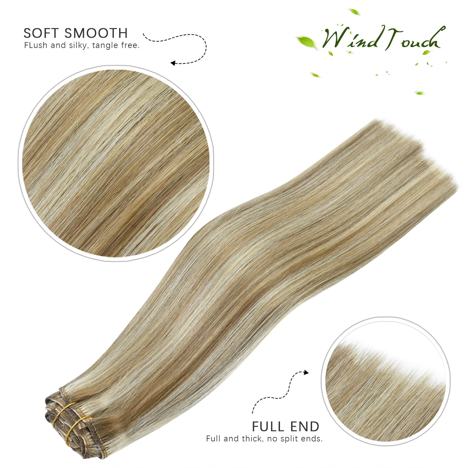 WindTouch Clip In Hair Extensions Human Hair Mixed Bleach Blonde 18Inch 75g Hair Extensions for Women Remy Blonde Extensions Clip in #18p613 7PCS