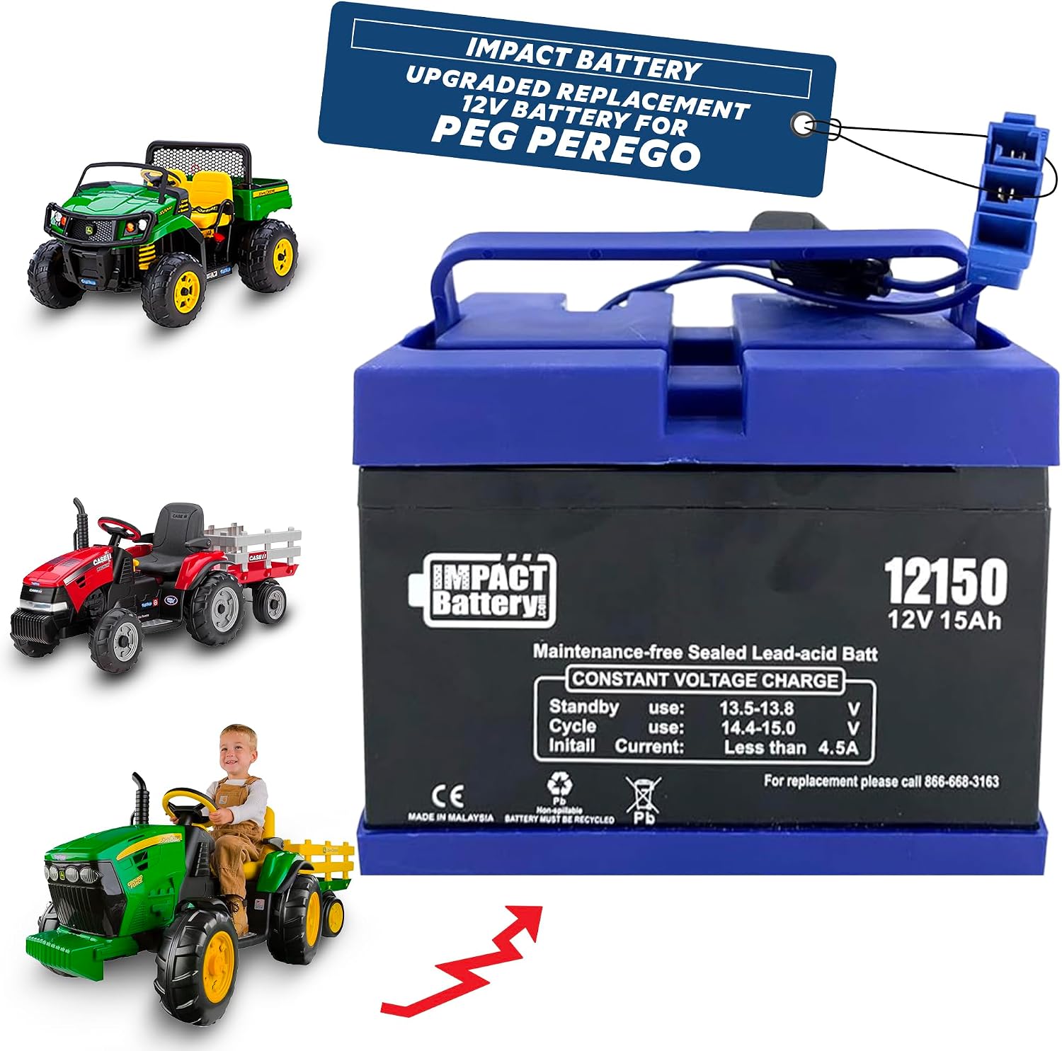 Impact 12V 15 Amp Battery Upgrade for Peg Perego John Deere Tractor Ride-on-Toys | Gator and Gauncho | Replace 12-Volt 12 Ah for Kids Tractor