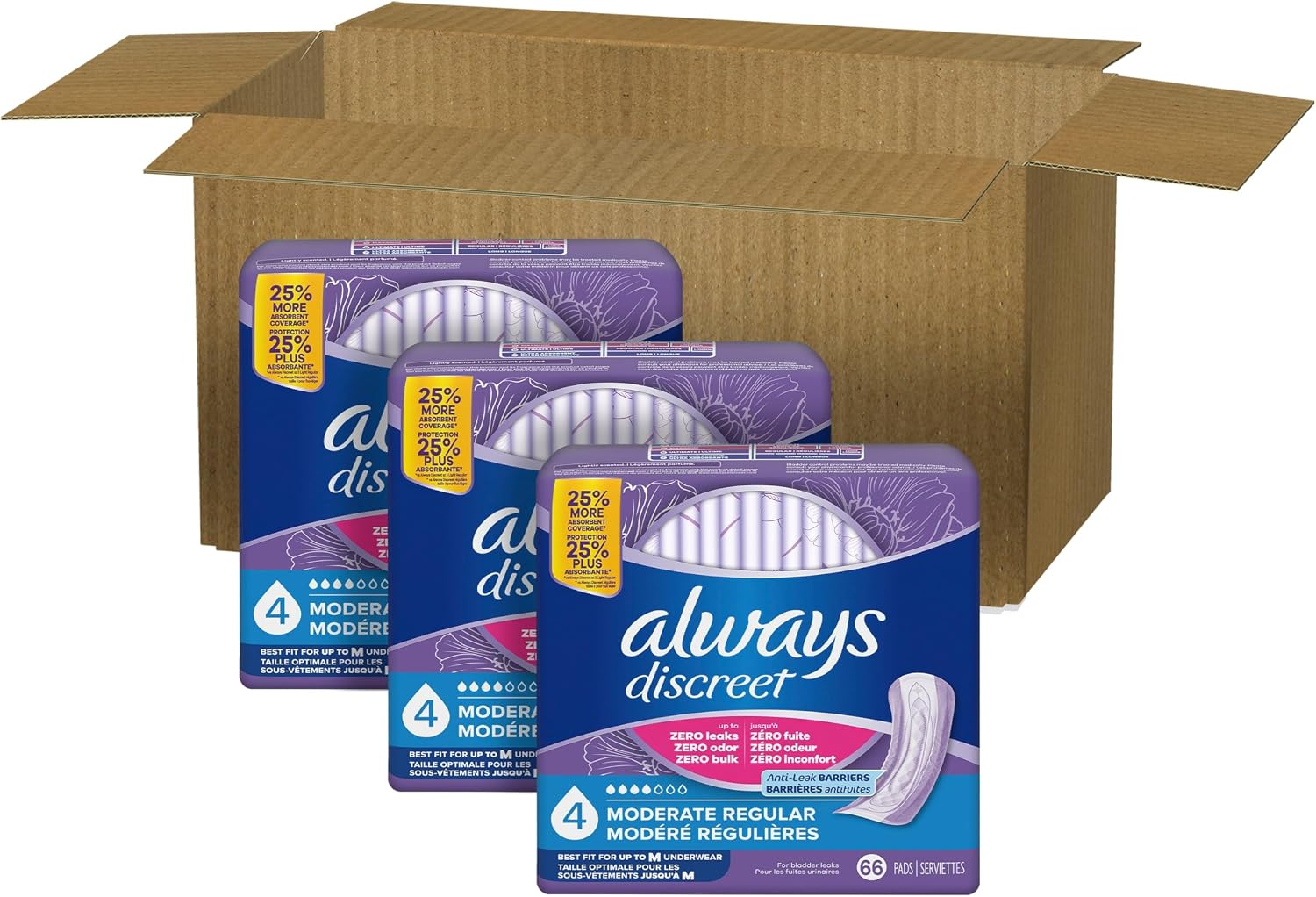 Always Discreet Adult Incontinence Pads for Women, Drier, 4 Drop Long Length, Moderate Absorbency, Pads for Bladder Control Management, Bladder Leaks, & Postpartum Pads, 54ct