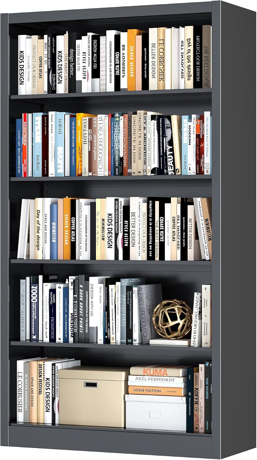 Bookcase,5 Tier White Bookshelves,66" Tall Free Standing Metal Bookcase with Adjustable Storage Shelves, Industrial Wide Bookshelf for Bedroom Living Room Home Office School