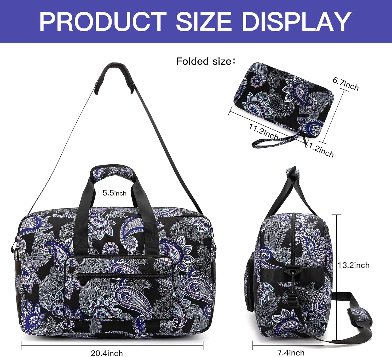 Travel Foldable Waterproof Duffel Bag - Lightweight Carry on Luggage Tote Duffel Bag(Black Floral)