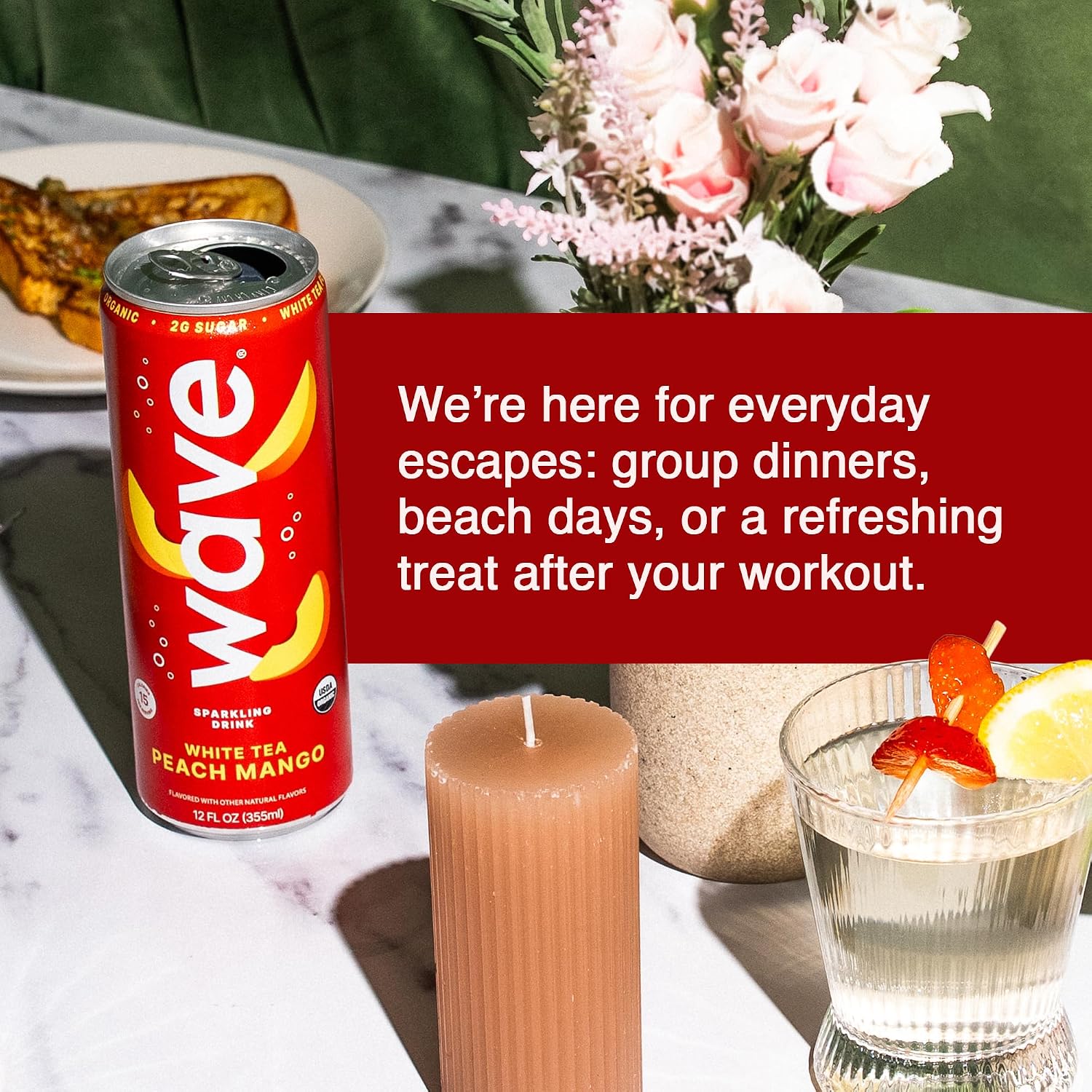 WAVE Organic Sparkling Drink, Soda Alternative, White Tea Peach Mango | No Added Sugar, Low Calorie, No Artificial Sweeteners, Coconut Water