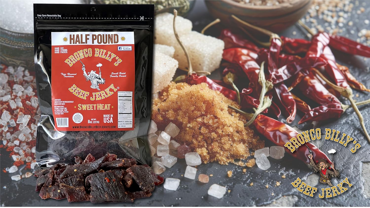 Bronco Billy's Beef Jerky Hickory Smoked Old Country Half Pound Resealable Bag