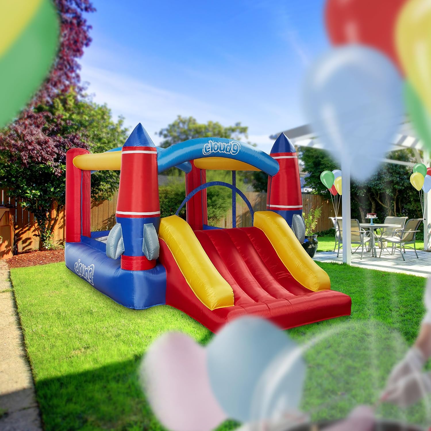 Cloud 9 Inflatable Bounce House and Blower, Rocket Theme Bouncer for Kids with Slide, Includes Stakes and Repair Patches