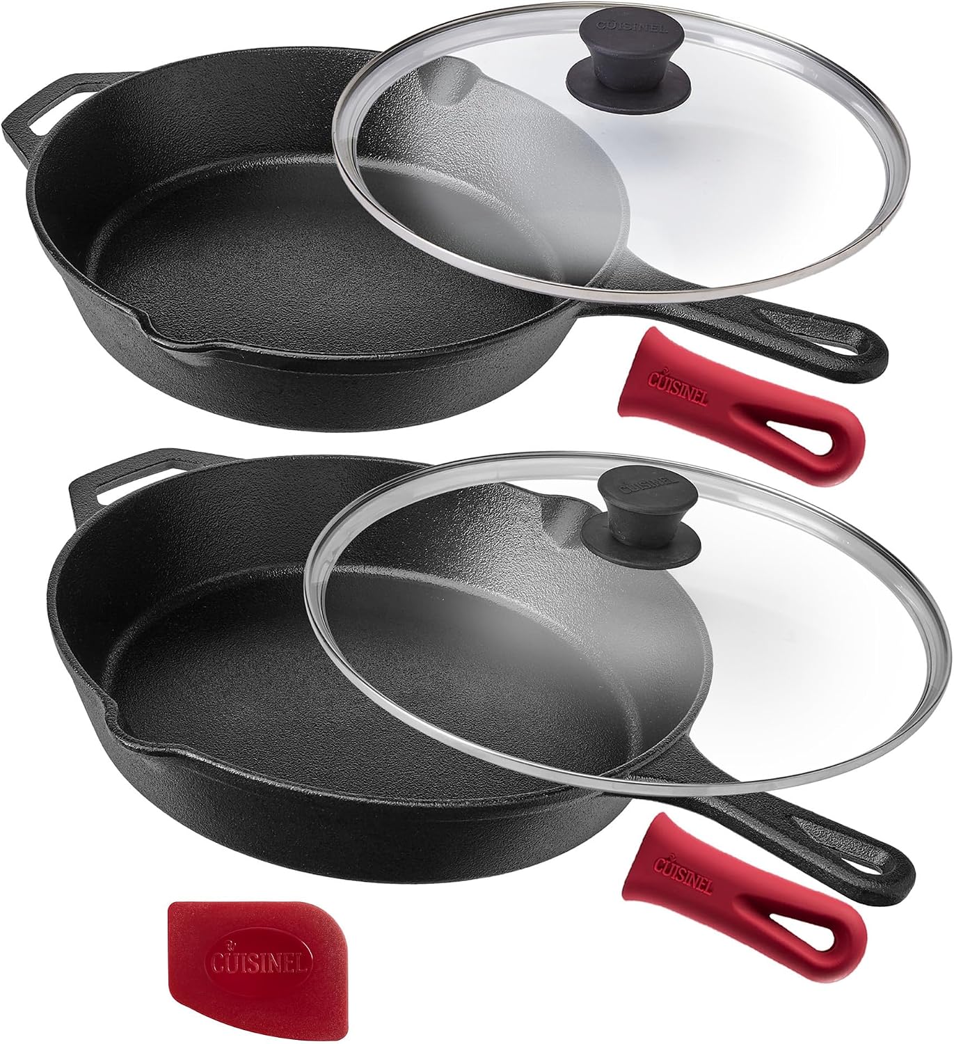 Cuisinel Cast Iron Skillet with Lid - 10"-Inch Pre-Seasoned Frying Pan + Glass Cover + Heat-Resistant Handle Holder - Indoor/Outdoor Use - Grill, Stove, Camp Firepit, Induction - Oven Safe Cookware