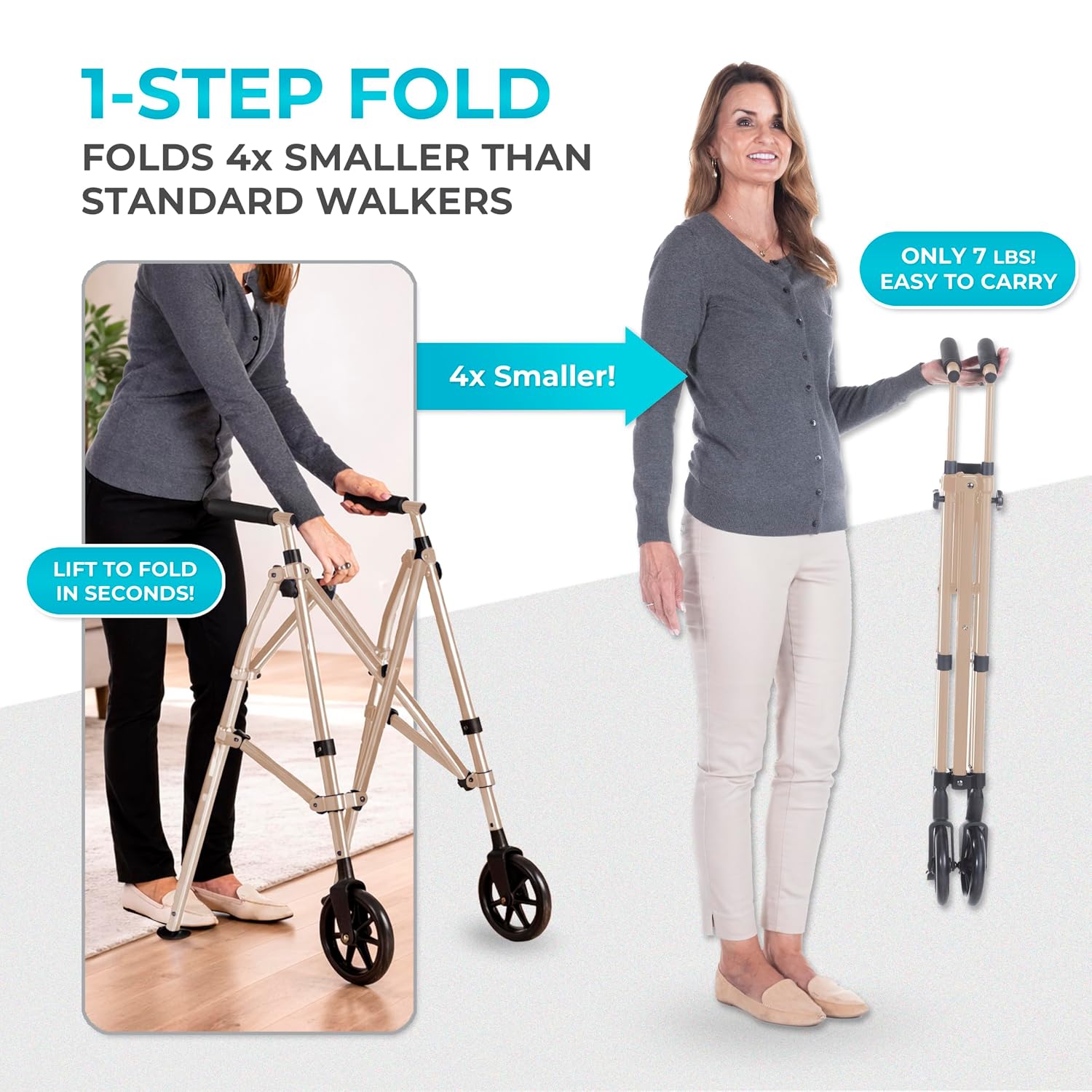 Stander Space Saver Walker Short, Lightweight Folding Rolling Mobility Aid for Juniors & Petite Adults