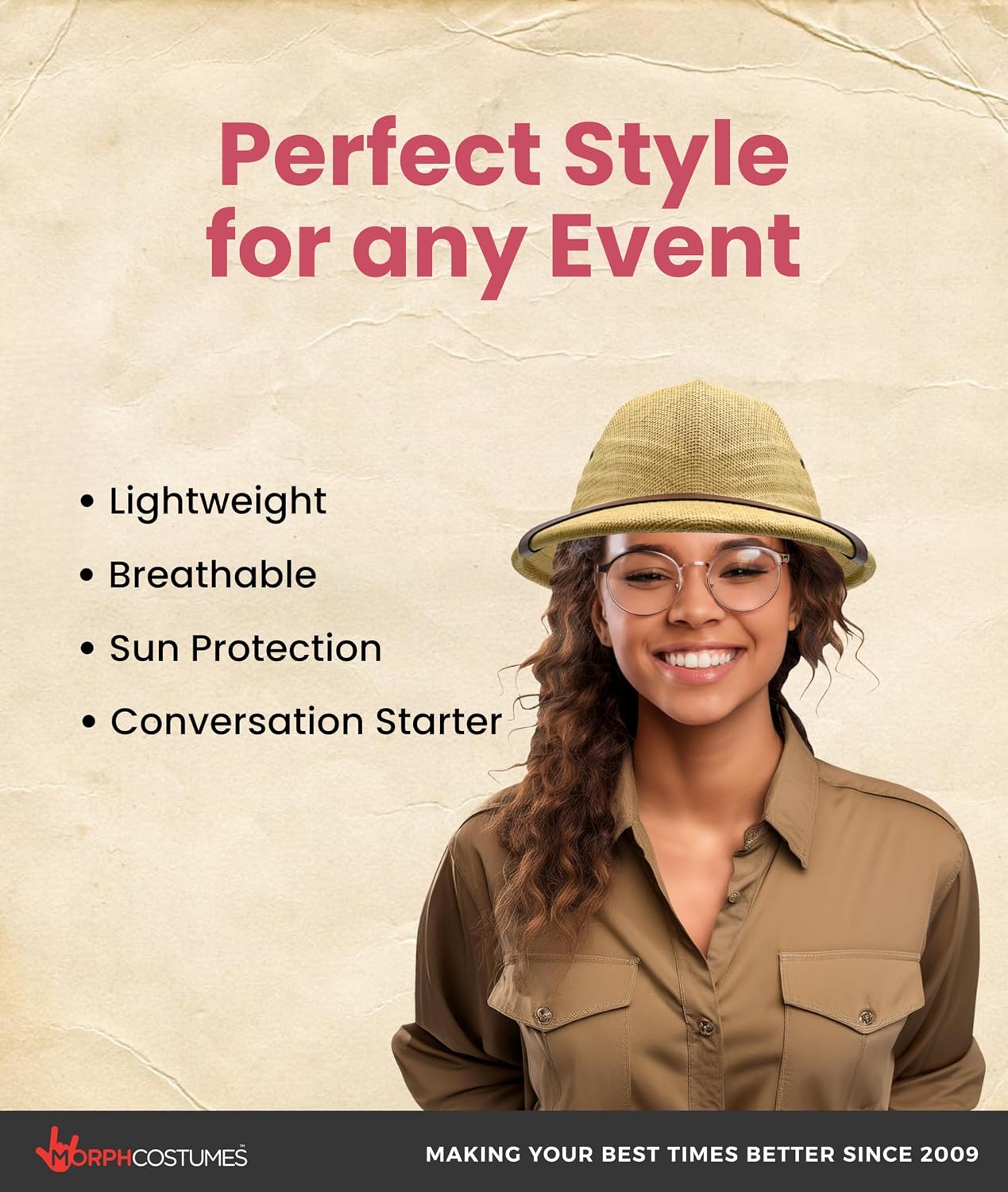 Morph Adult Safari British Pith Helmet - Sturdy, Adjustable Hat for Sun Protection - Ideal for Hiking, Gardening, Outdoor Adventures