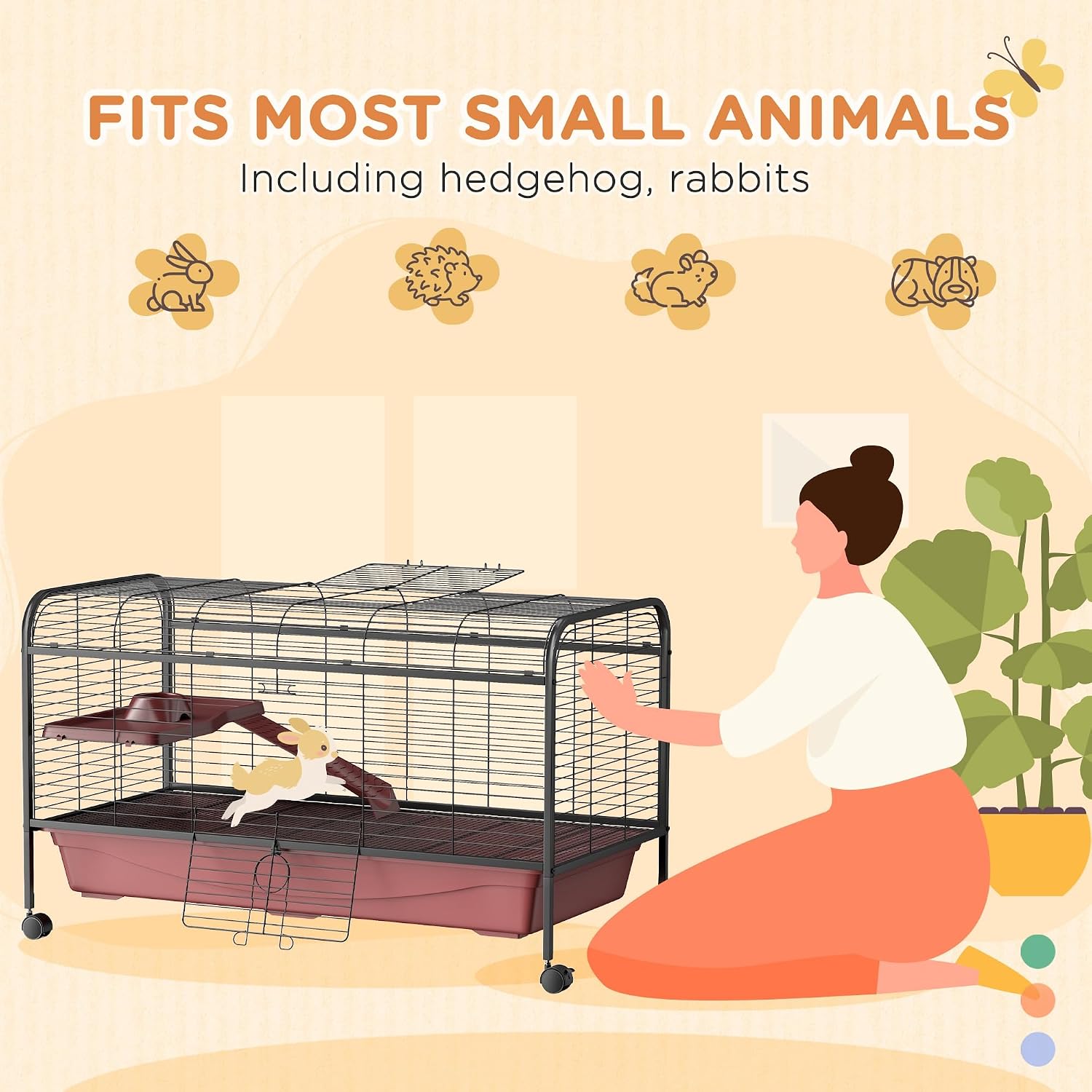 PawHut 41" L Small Animal Cage Rabbit Hutch with Feeder, Rolling Wheels Red