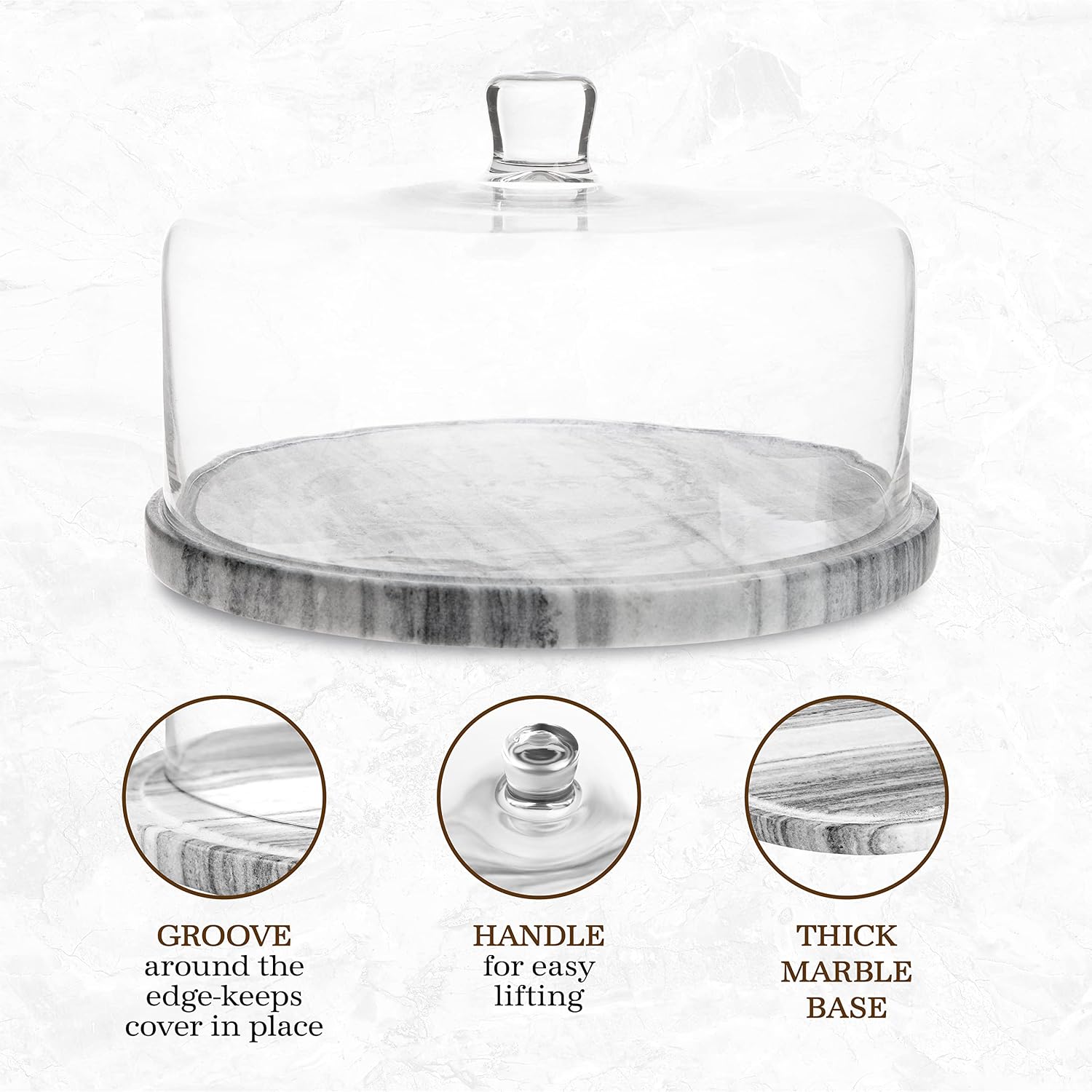 Marble Cake Stand with Glass Dome Cover | 12.5" Natural Marble Cake Plate, 12" 100% Handblown Glass Lid