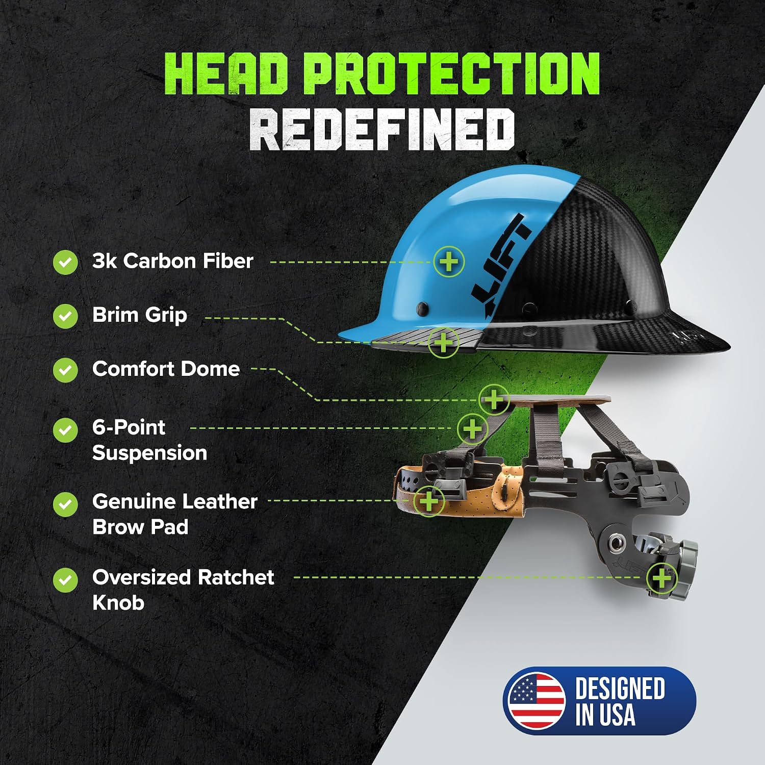 LIFT SAFETY Dax Carbon Fiber Full Brim Hard Hat | Safety/Construction Helmet w/ 6 Point Suspension for Comfort & Impact Protection