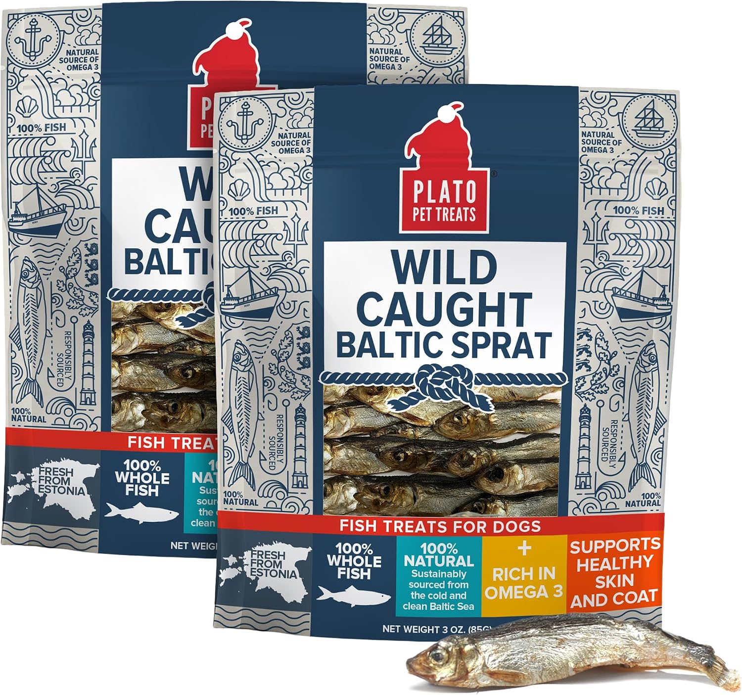 PLATO Single Ingredient Wild-Caught Baltic Sprat Dog Treats, Air-Dried Whole Fish, Omega-Rich Skin & Coat Support, 3 oz