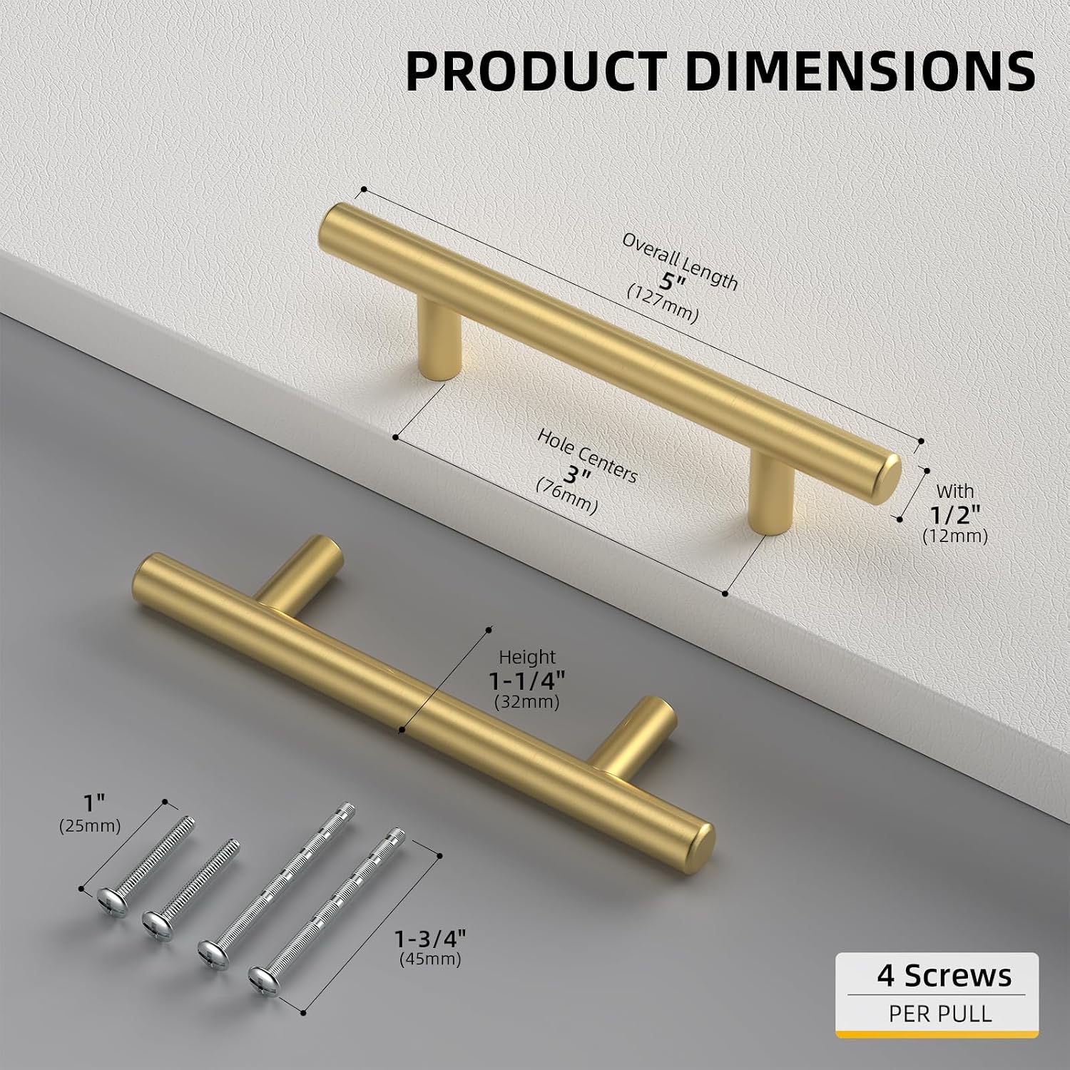 Goldenwarm 5 Pack 3 inch Gold Cabinet Handles Brushed Gold Cabinet Pulls | Gold Dresser Drawer Handles Stainless Steel Drawer Pulls for Kitchen Bathroom Bedroom, Easy to Install