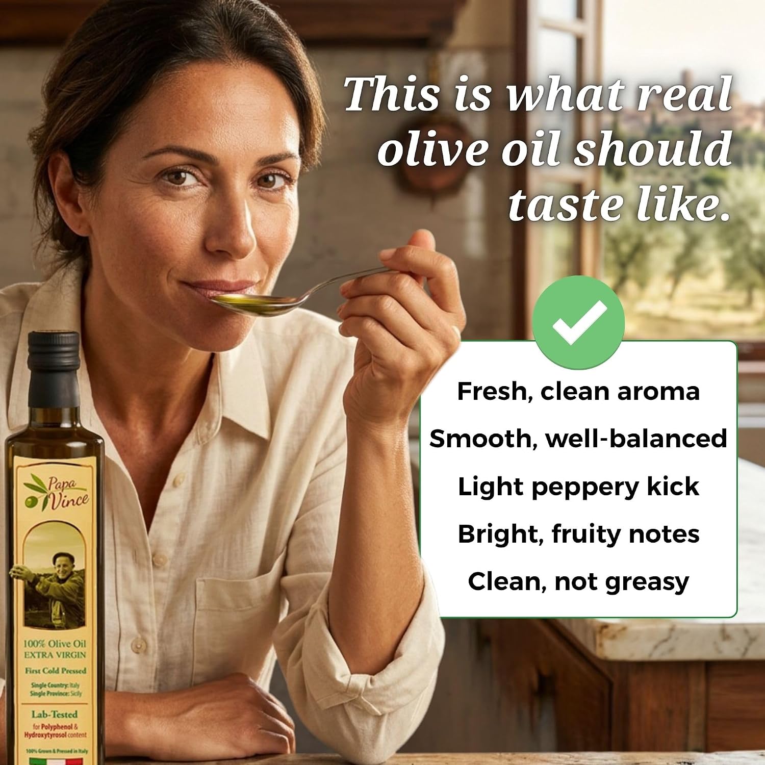 Papa Vince Hydroxytyrosol Lab-Verified Olive Oil - Drinking EVOO, Fresh Taste, High in Polyphenols, First Cold Press, Family Harvest, Sicily, Italy