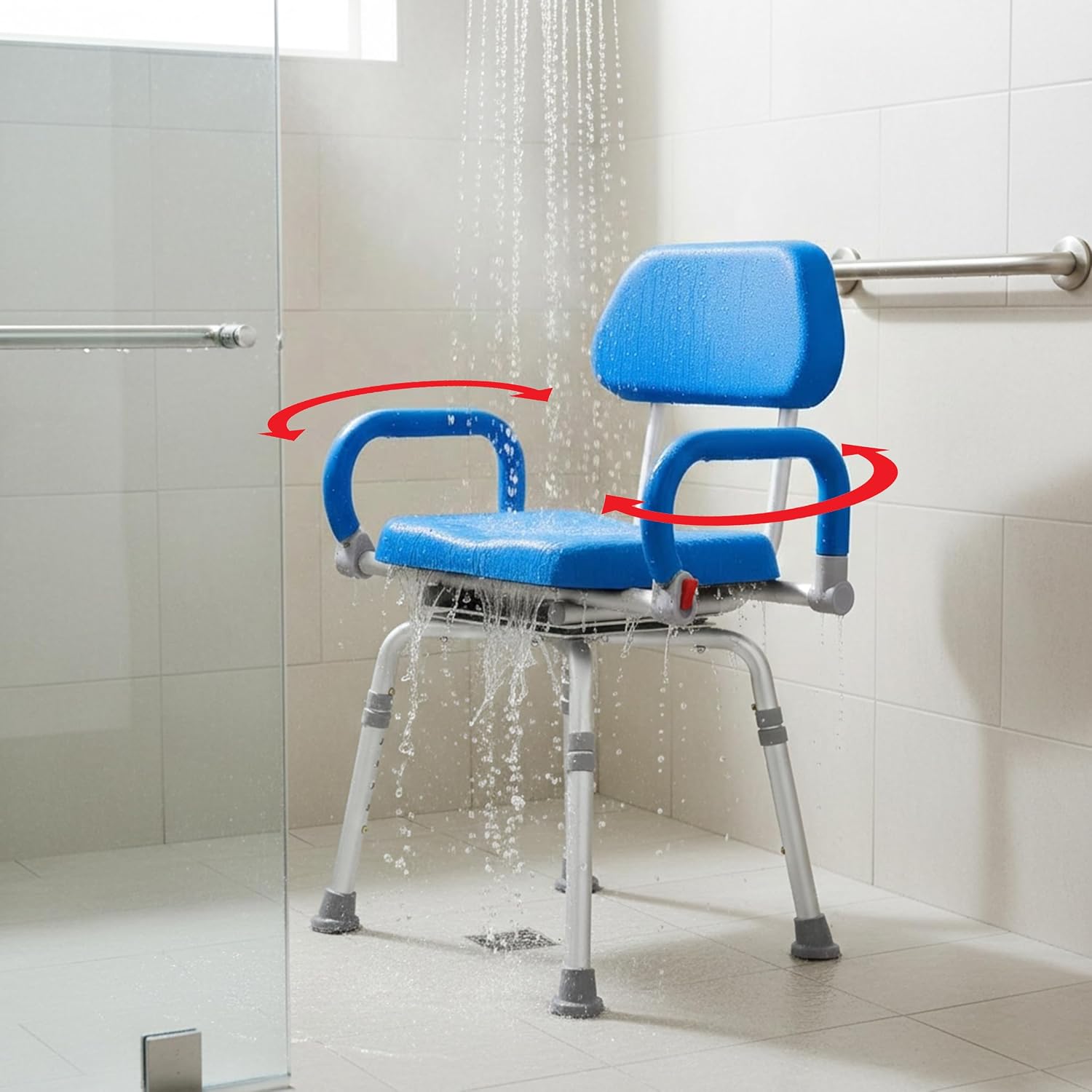 Swival Shower Chair with Padded seat for Inside ShowerFor Senior, Bath Seat | Sit Securely While Bathing - Blue, padded seat, padded armrests, swivel seat, tool-free assembly, 600 lb