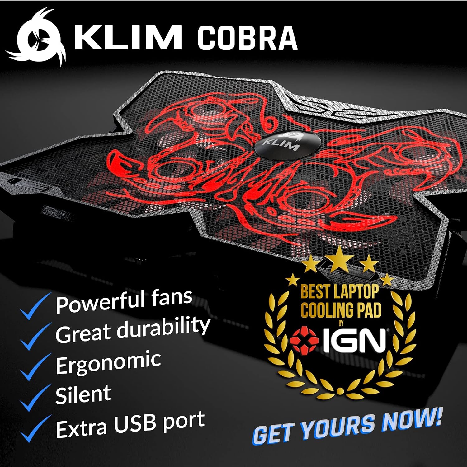 KLIM Wind Laptop Cooling Pad - More Than 500 000 Units Sold - New Version - The Most Powerful Rapid Action Cooling Fan - Laptop Stand with 4 Cooling Fans at 1200 RPM - USB Fan - PS5 PS4 - Blue