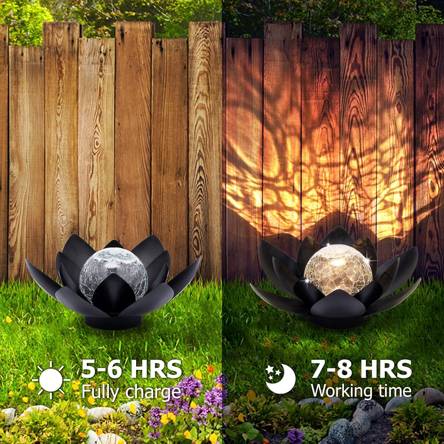 Huaxu Solar Lights Outdoor Garden, Crackle Globe Glass Lotus Decor, Waterproof LED Metal Flower Decorations for Patio,Lawn,Walkway,Tabletop,Ground