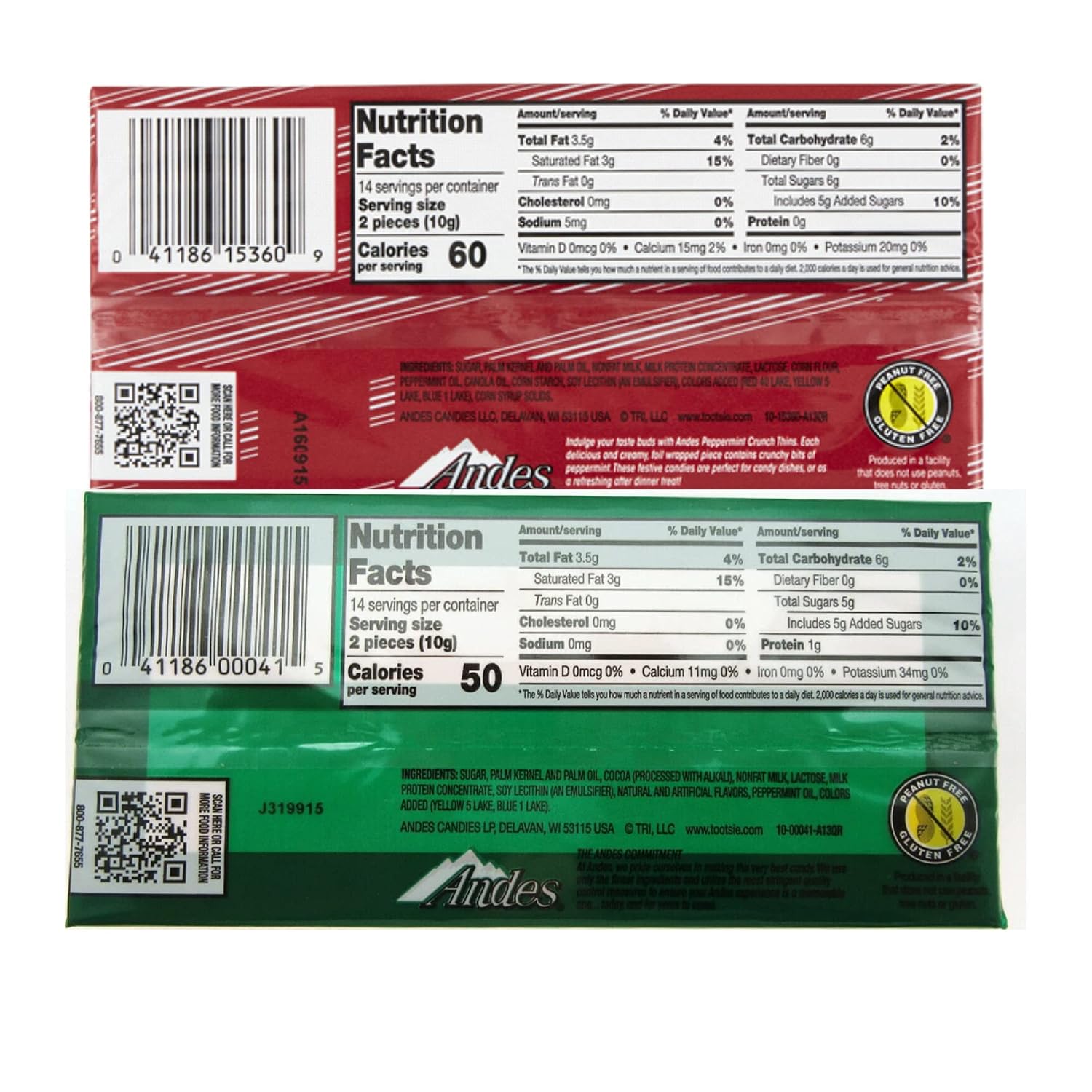 Andes Mint and Peppermint Crunch Thins Chocolate Pack, Holiday Candy Treat Boxes, Set of 2, 28 Pieces in Each
