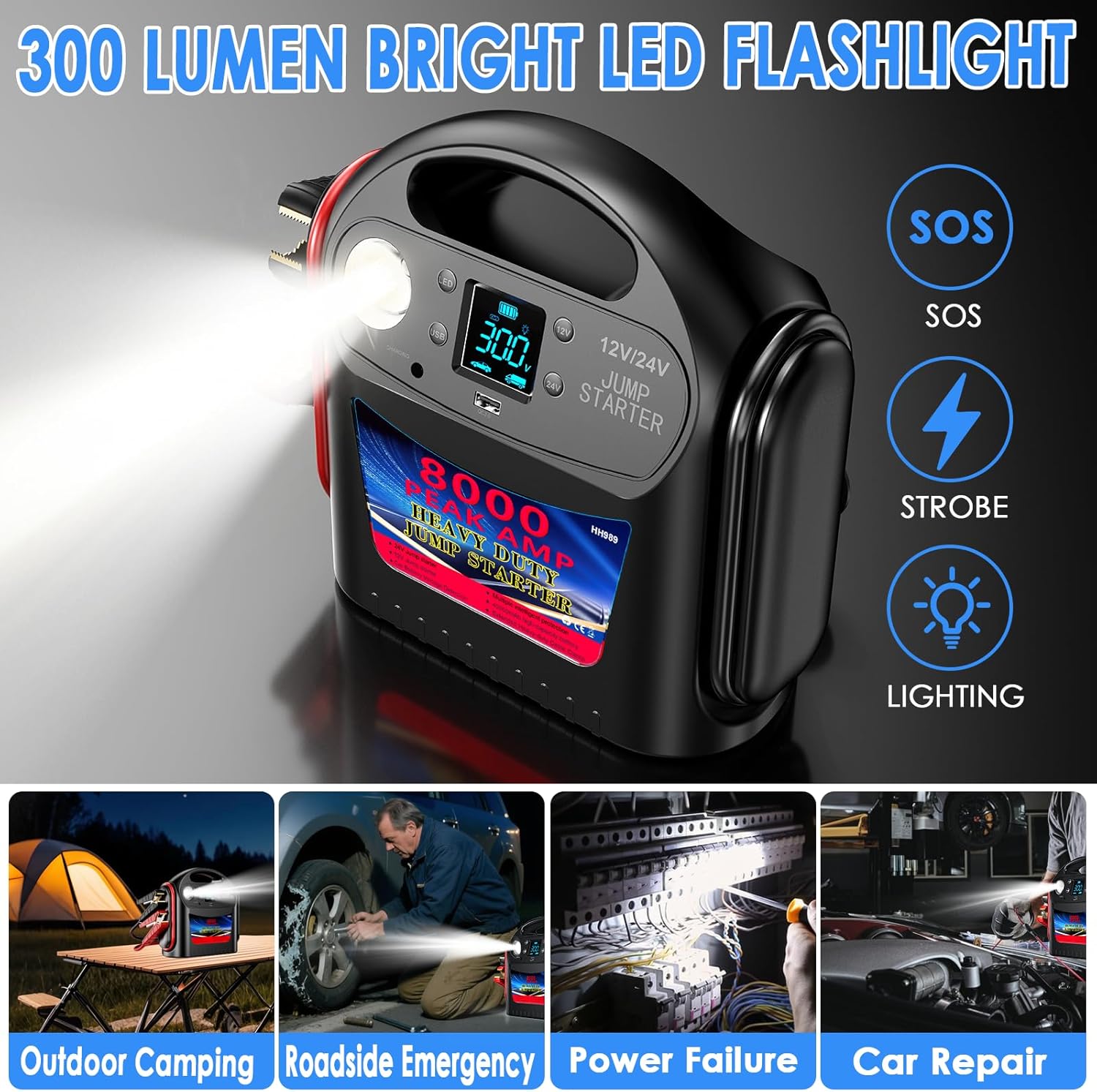 8000A 12V/24V Jump Starter for Large Gas & Diesel Engines, Heavy-Duty Portable Battery Booster Pack for Trucks