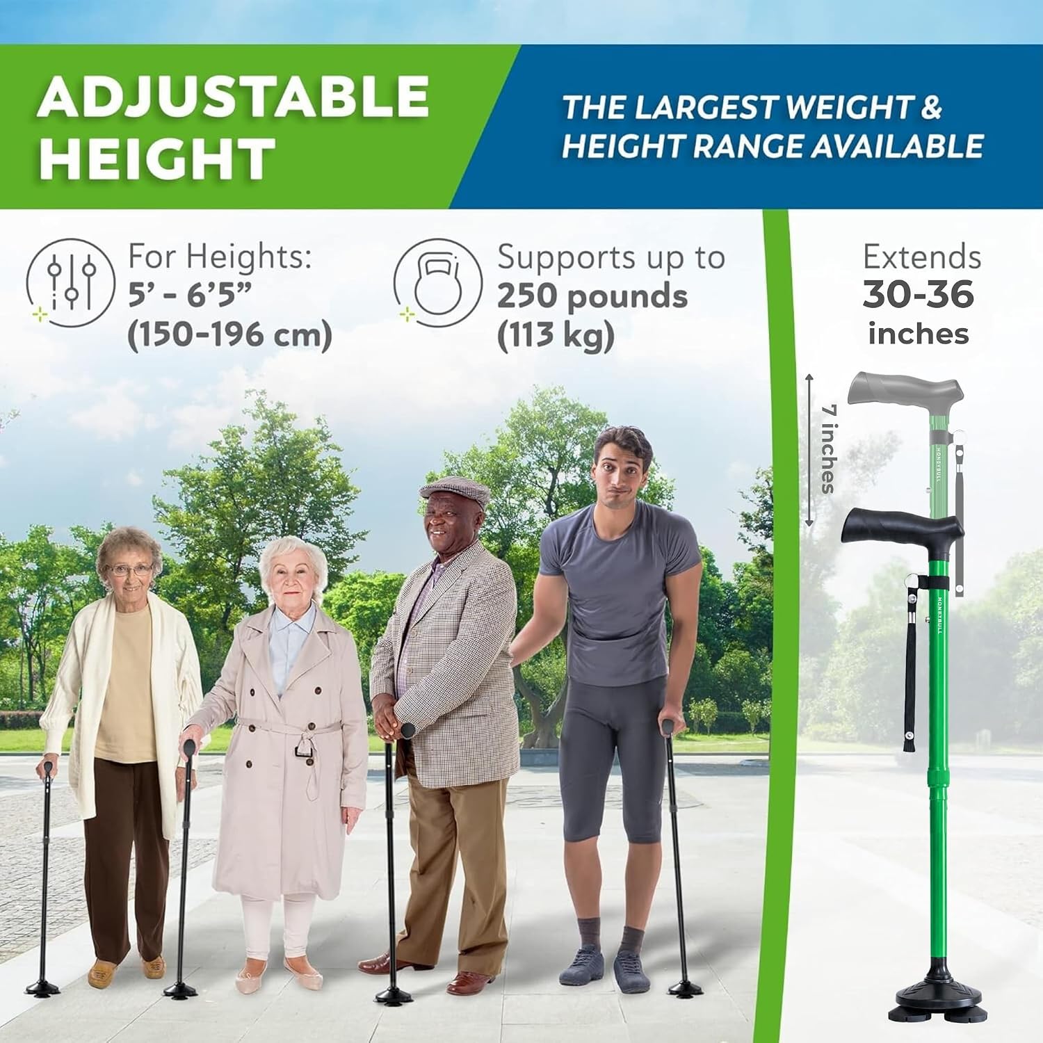 HONEYBULL Walking Cane for Men & Women, Foldable Free Standing Cane | Adjustable height, collapsible design, heavy-duty, pivot base for stable support, ergonomic handle