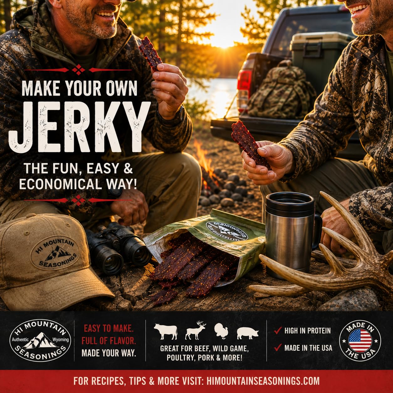 Hi Mountain BOLD & SAVORY Jerky Seasoning and Cure Kit | Variety Pack | Bold & savory flavors: Mandarin Teriyaki, Pepperoni, Sweet & Spicy, Inferno, & Pepper, Beef, Venison, Deer, Elk, Up to 20 lbs