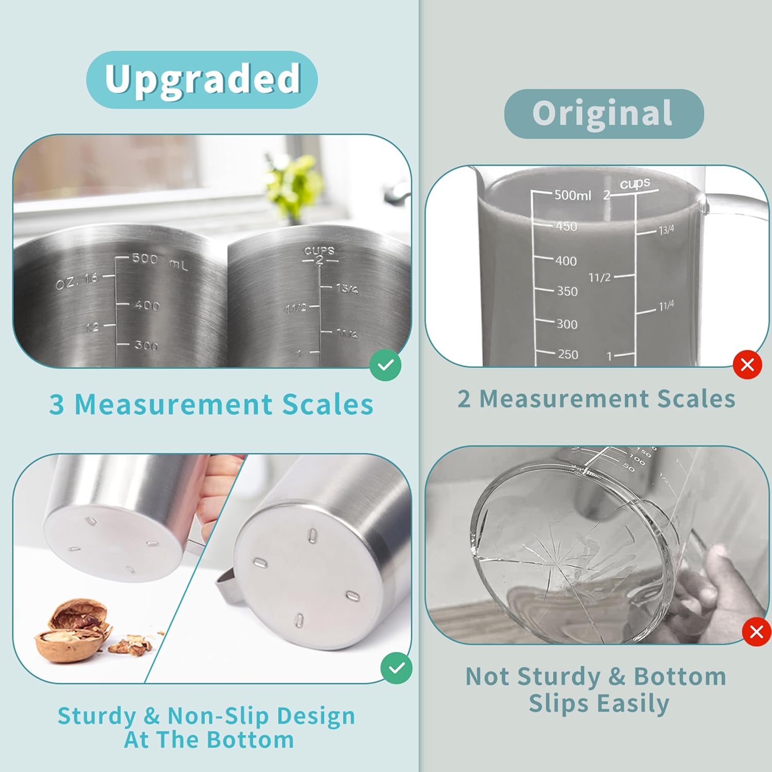 Newness Stainless Steel Measuring Cup, Metal Measuring Cup with Handle (Upgraded, 3 Marking Including Cup/ML/Ounce Scale), 16 Ounces (0.5 Liter, 2 Cup)