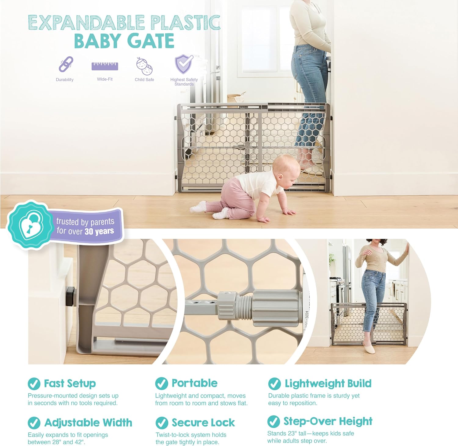 Regalo Safety 28"-42" Extra Wide Baby Gate, Bottom of Stairs & Doorways | Pressure Mounted & Adjustable, For Babies, Toddlers & Pets, Plastic, Gray, Tested & Trusted for 30 Years