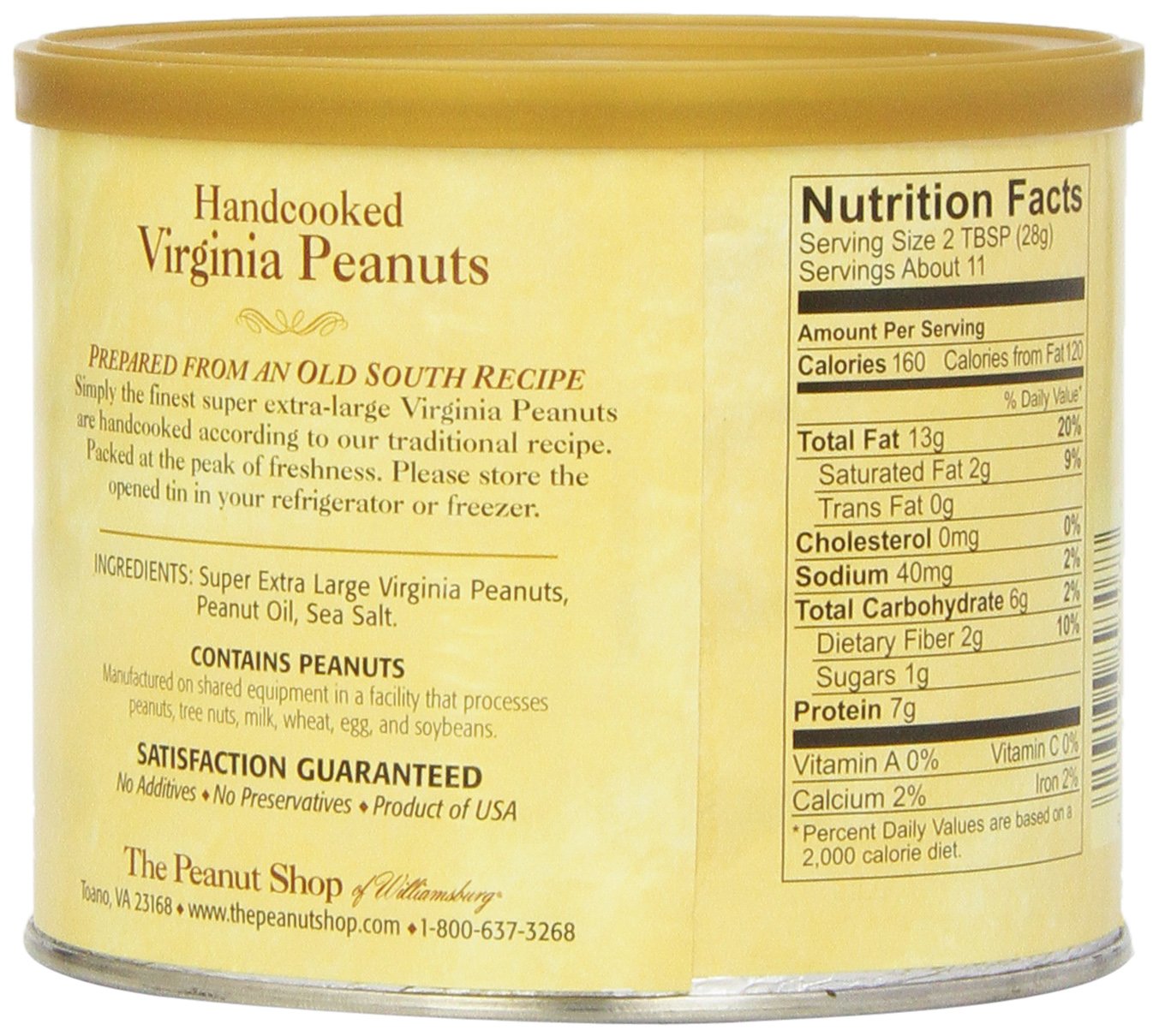The Peanut Shop of Williamsburg Extra-Large Handcooked Lightly Salted Virginia Peanuts Williamsburg Peanuts Non-Gmo Kosher Gluten-Free No Preservatives - 32 Oz Tin