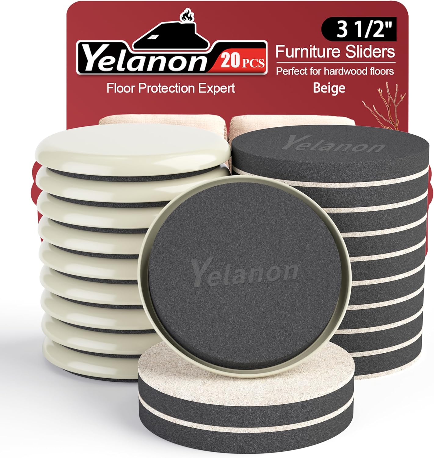 Yelanon Felt Furniture Sliders 20 Pcs 3.5" Round for Hardwood & Tile