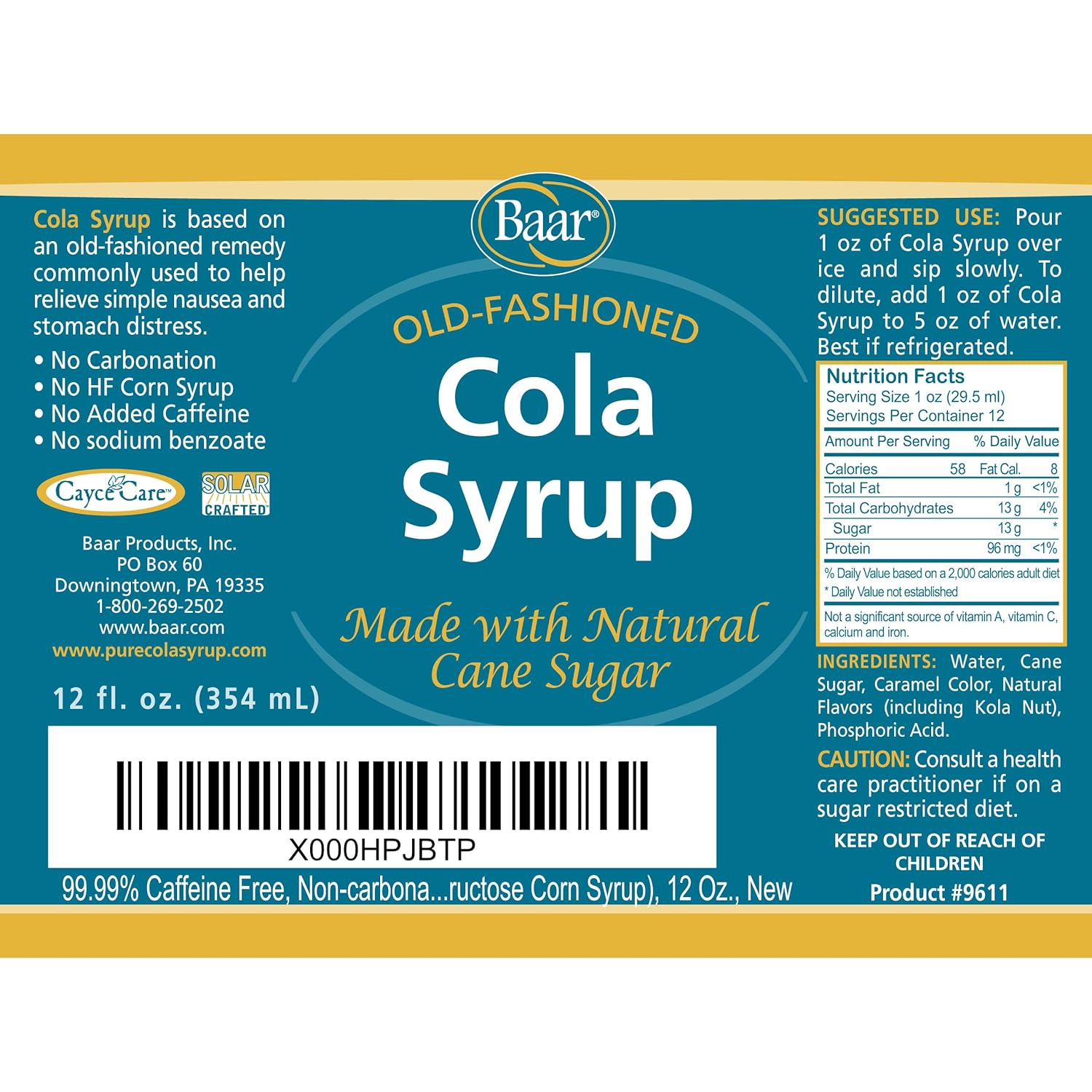 Baar Caffeine-Free Cola Syrup with Pure Cane Sugar, 12 oz | Non-Carbonated Cola Syrup, No High Fructose Corn Syrup, Made with Pure Cane Sugar for Mixing Drinks and Recipes