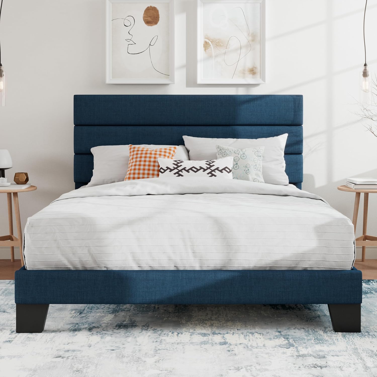 SHA CERLIN Full Platform Bed Frame with Upholstered Fabric Headboard, Grey