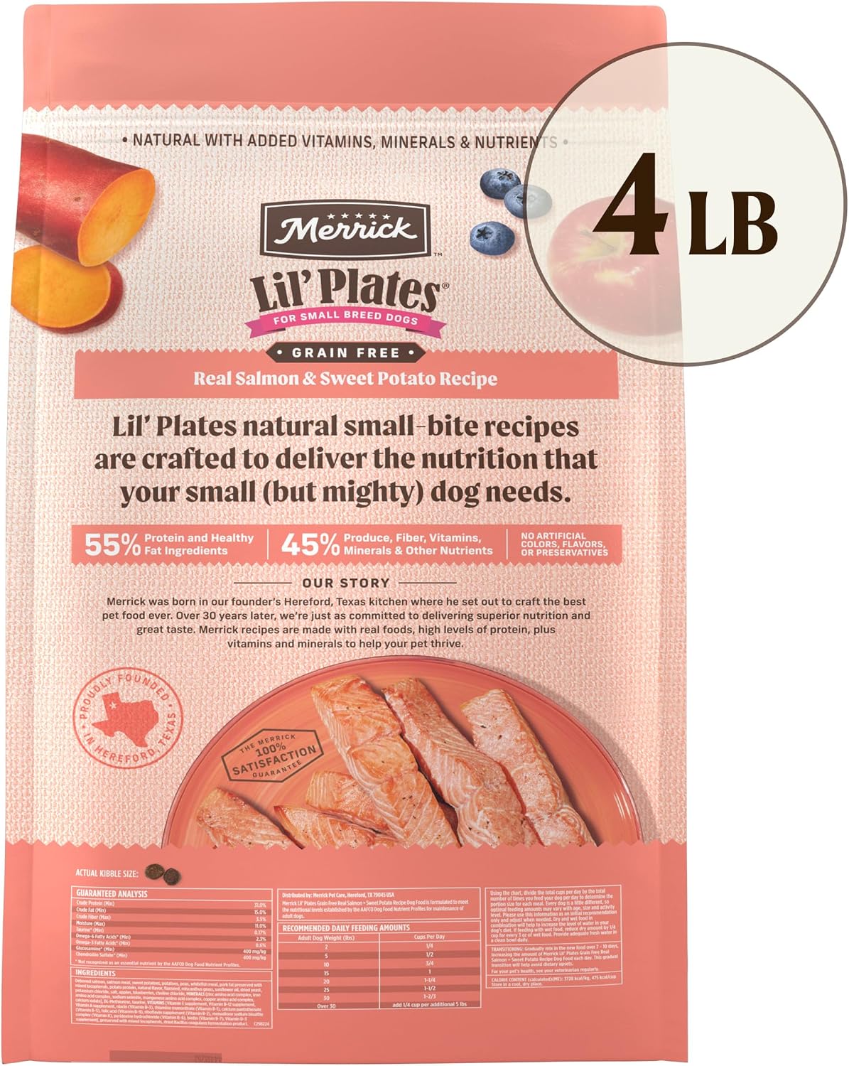 Merrick Lil' Plates Salmon Sweet Potato Dog Food 12 lb Bag | Premium, grain-free salmon and sweet potato kibble crafted with high protein and healthy fats for small breed dogs