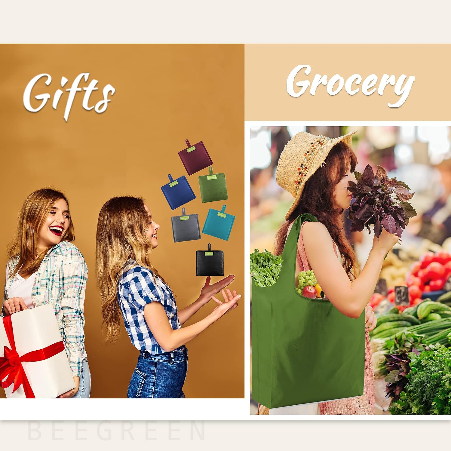 BeeGreen Grocery Bags | Reusable Gift Bags, Large Tote for Women & Foldable Beach Bag - 6 Pack Reusable Bag With Handles | Collapsible Cute Cloth Storage for Market, Holiday & Shopping | Washable​