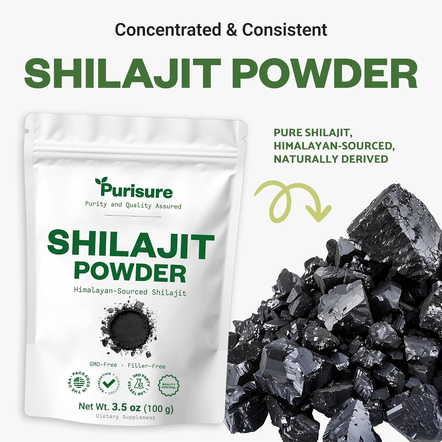 Purisure Shilajit Supplement Powder, 100g, Pure Himalayan Mineral with Fulvic Acid Powder, 12:1 Pure Fulvic Minerals Compound for Energy Supplement