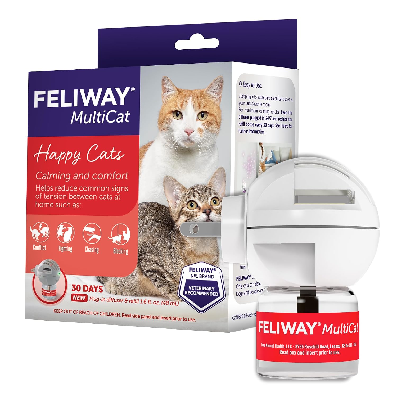 FELIWAY MultiCat Cat Calming Pheromone Diffuser Kit | Helps Reduce Fighting, Tension and Aggression Between Cats due to Stress for Multi‑Cat Homes, 30 Day Supply