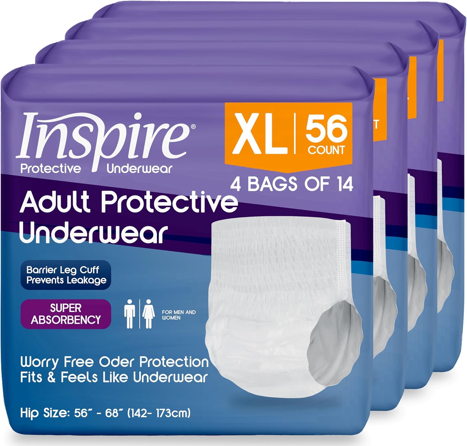 Inspire Protective Underwear for Men and Women with Incontinence | Adult Diapers | Disposable Underwear for Adults | Adult Pull Ups - 4 Bags of 14 | 56 Total (Extra Large)