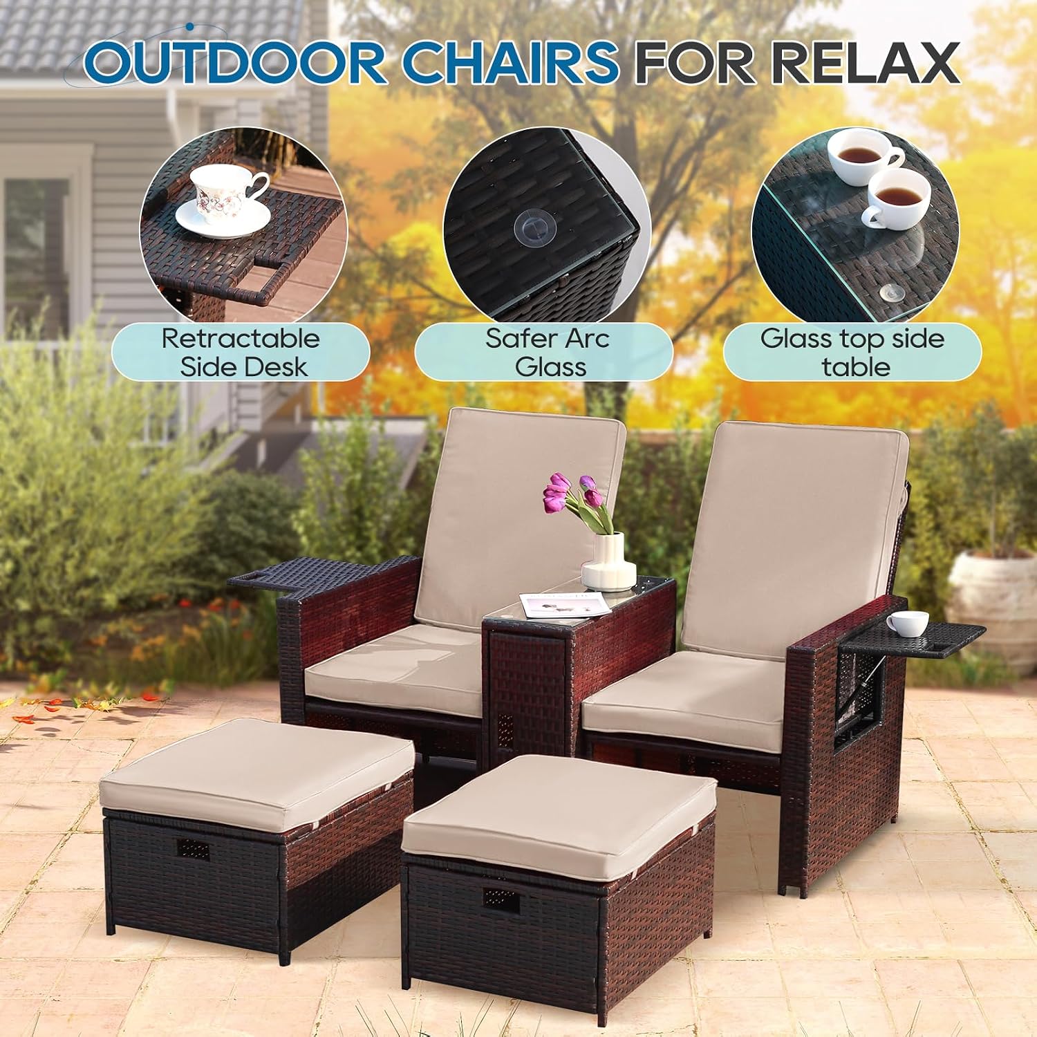 5PCS Outdoor Wicker Chaise Lounge Chair - Rattan Adjustable Reclining Patio Lounge Chair with Ottoman and Coffee Table
