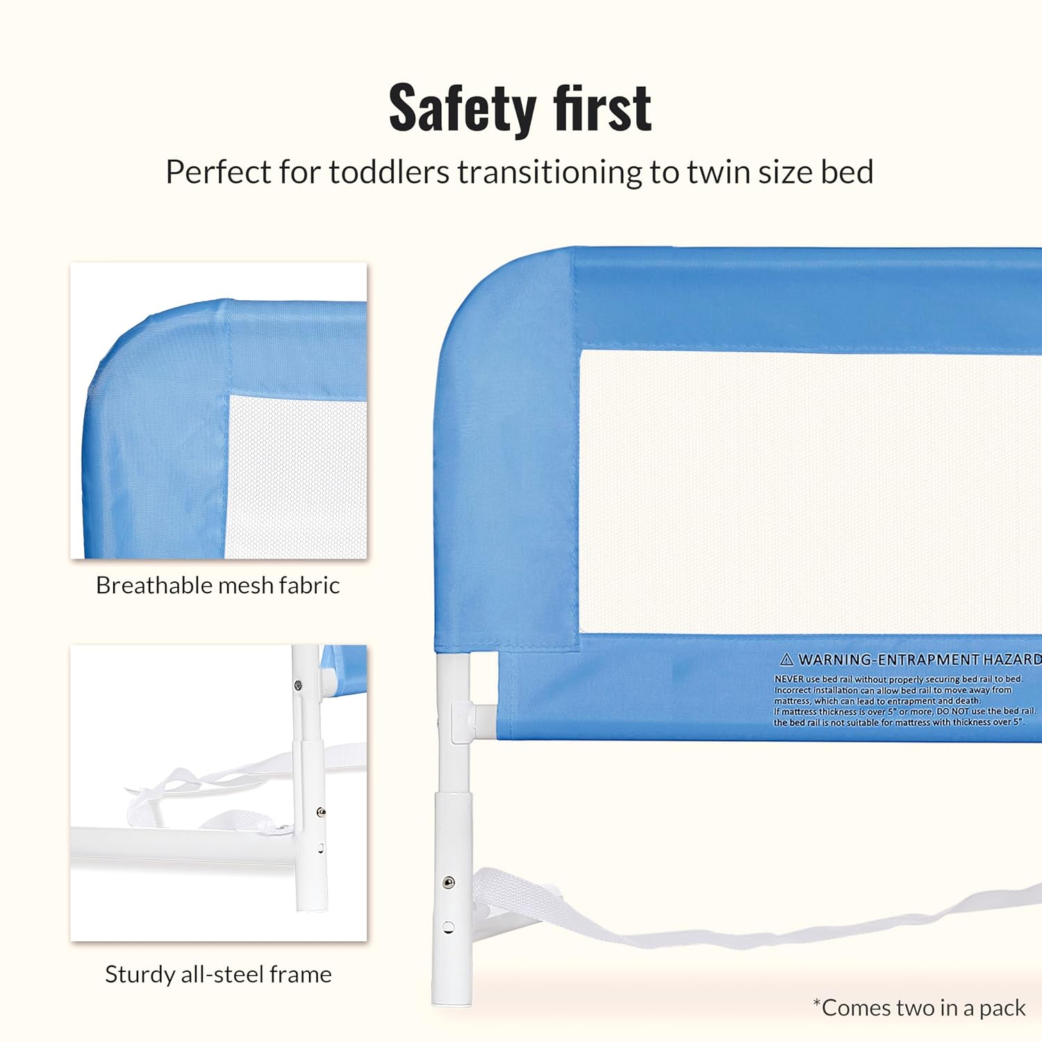 Dream On Me Lightweight Mesh Security Adjustable Bed Rail Double Pack with Breathable Mesh Fabric in White, 2 Count (Pack of 1)