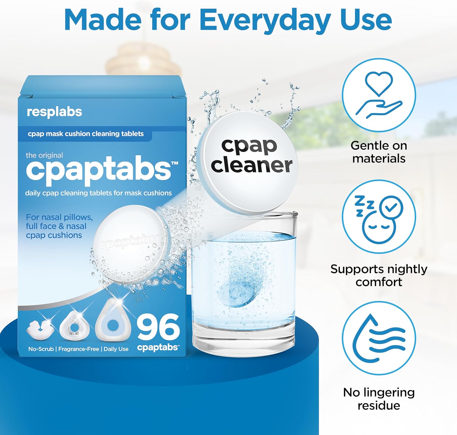 resplabs CPAP Cleaning Tablets, 96 Pack - Effervescent Cleaner for CPAP Masks, Tubing, and Humidifiers - 3 Month Supply