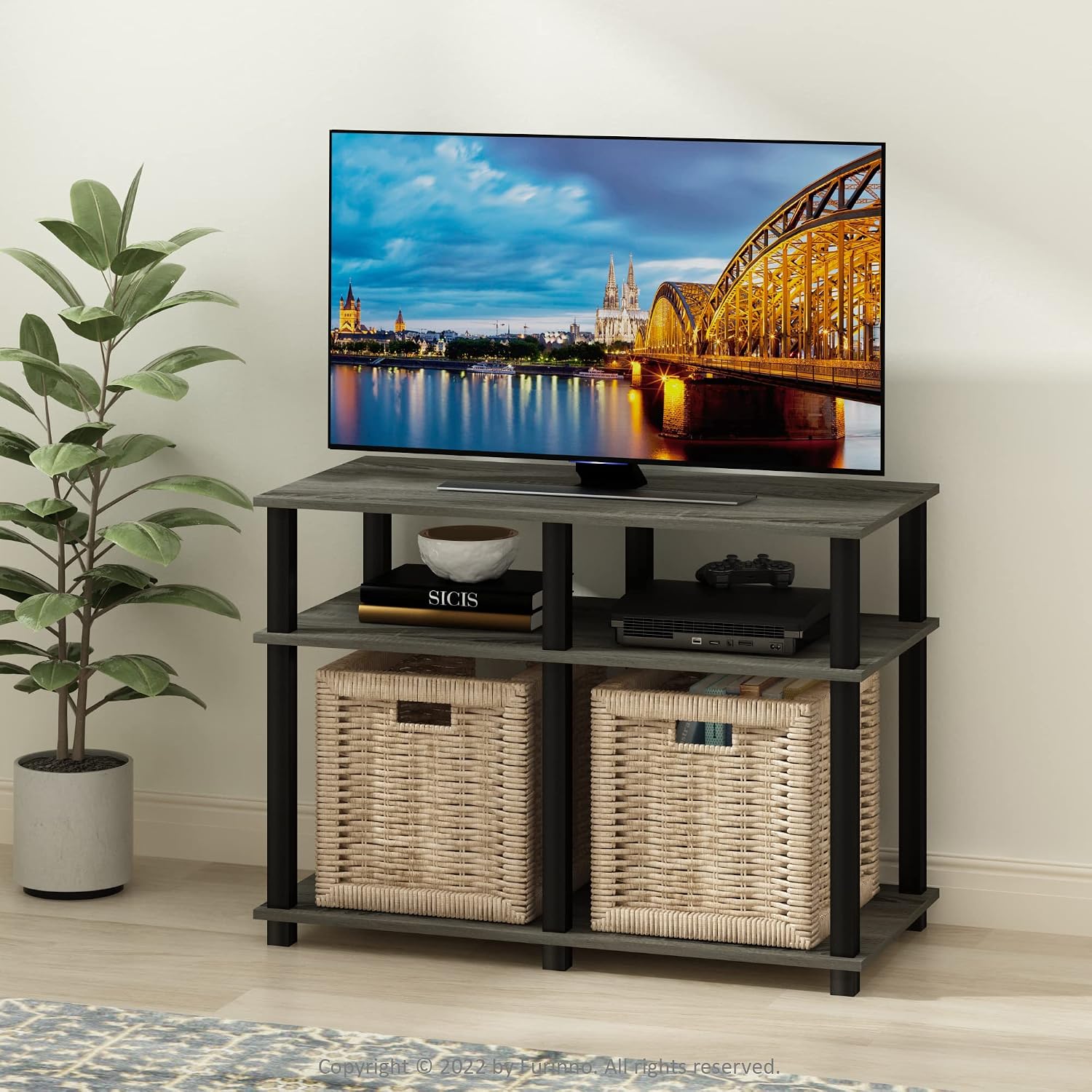 Furinno Turn-S-Tube No Tools 3-Tier Entertainment TV Stands, Dark Cherry and Black