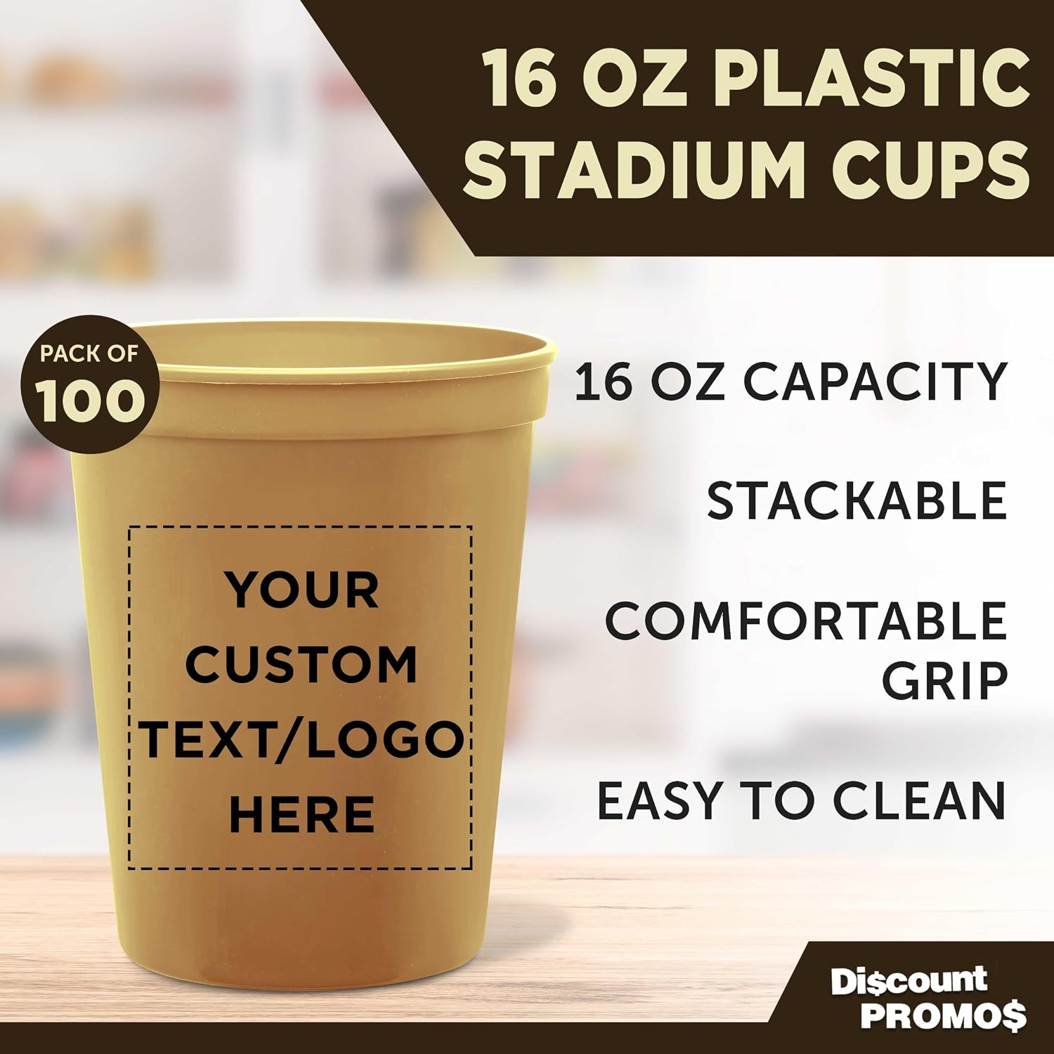 DISCOUNT PROMOS Custom Plastic Stadium Cups 16 oz. Set of 10/50/100, Personalized Bulk Pack - Perfect for Birthdays, Weddings, Picnic, Beach
