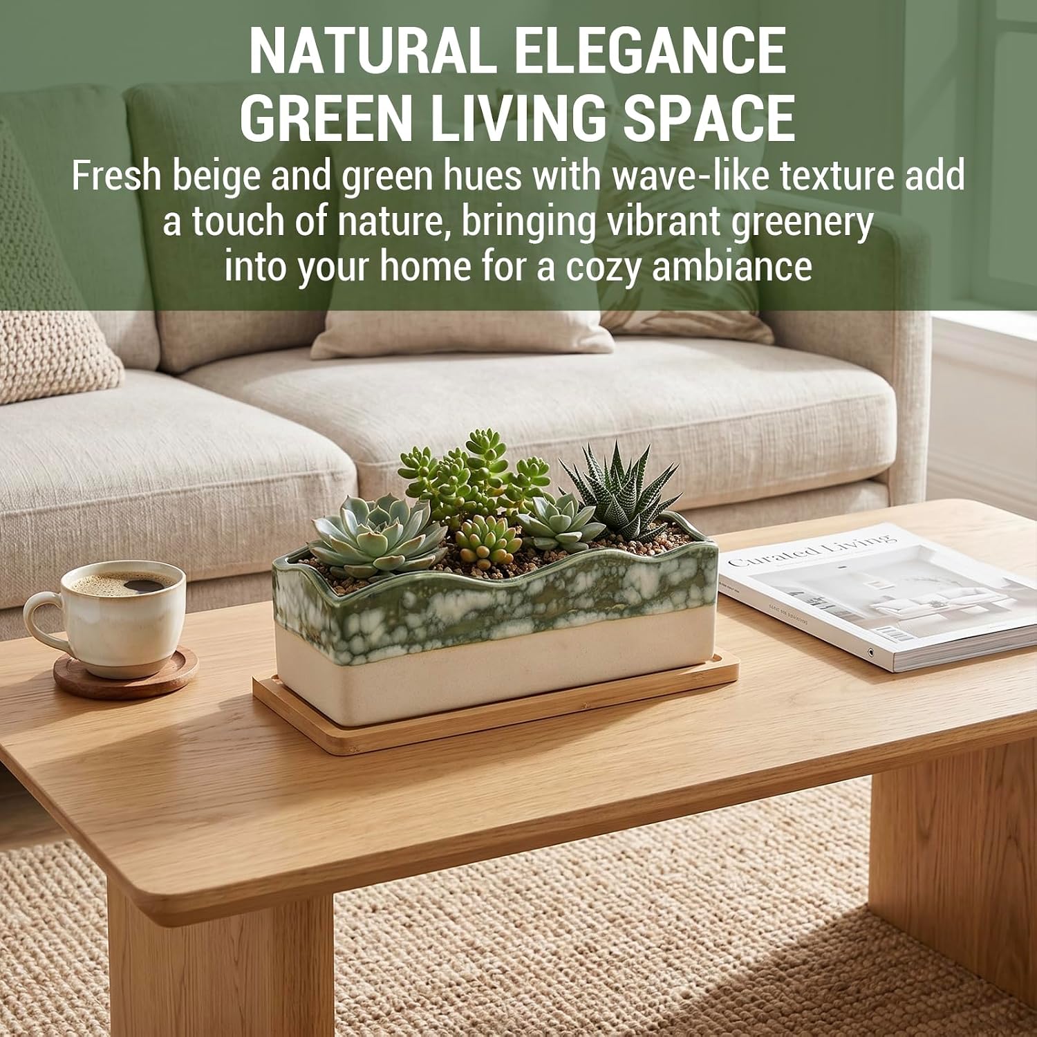 MyGift Beige Green Ceramic Glazed Rectangular Succulent Planter Pot