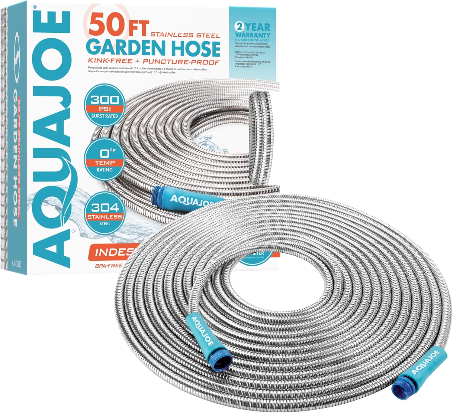 Aqua Joe 50-Foot Heavy Duty Garden Hose, Spiral 304 Stainless Steel Metal Hose, Puncture Proof, 1/2 Inch Diameter with Aluminum Fittings, AJSGH50
