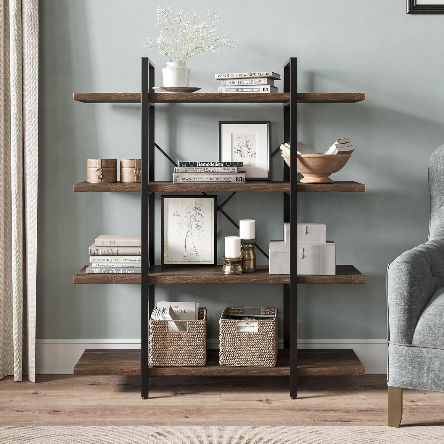BELLEZE 4 Tier Modern Rustic Industrial Bookshelf, Open Wide Office Etagere Book Shelf