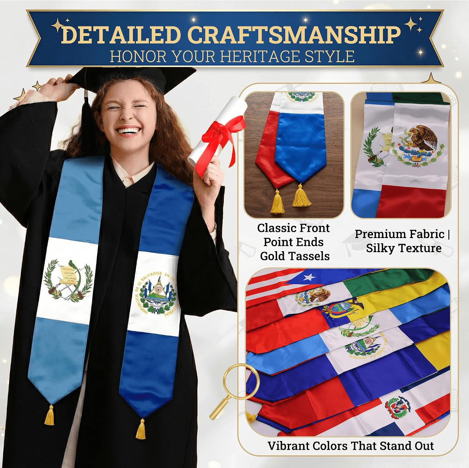 Class of 2026 Dual Flag Graduation Stole with Gold Tassels, Half and Half Country Flag Satin Sash, V-Neck