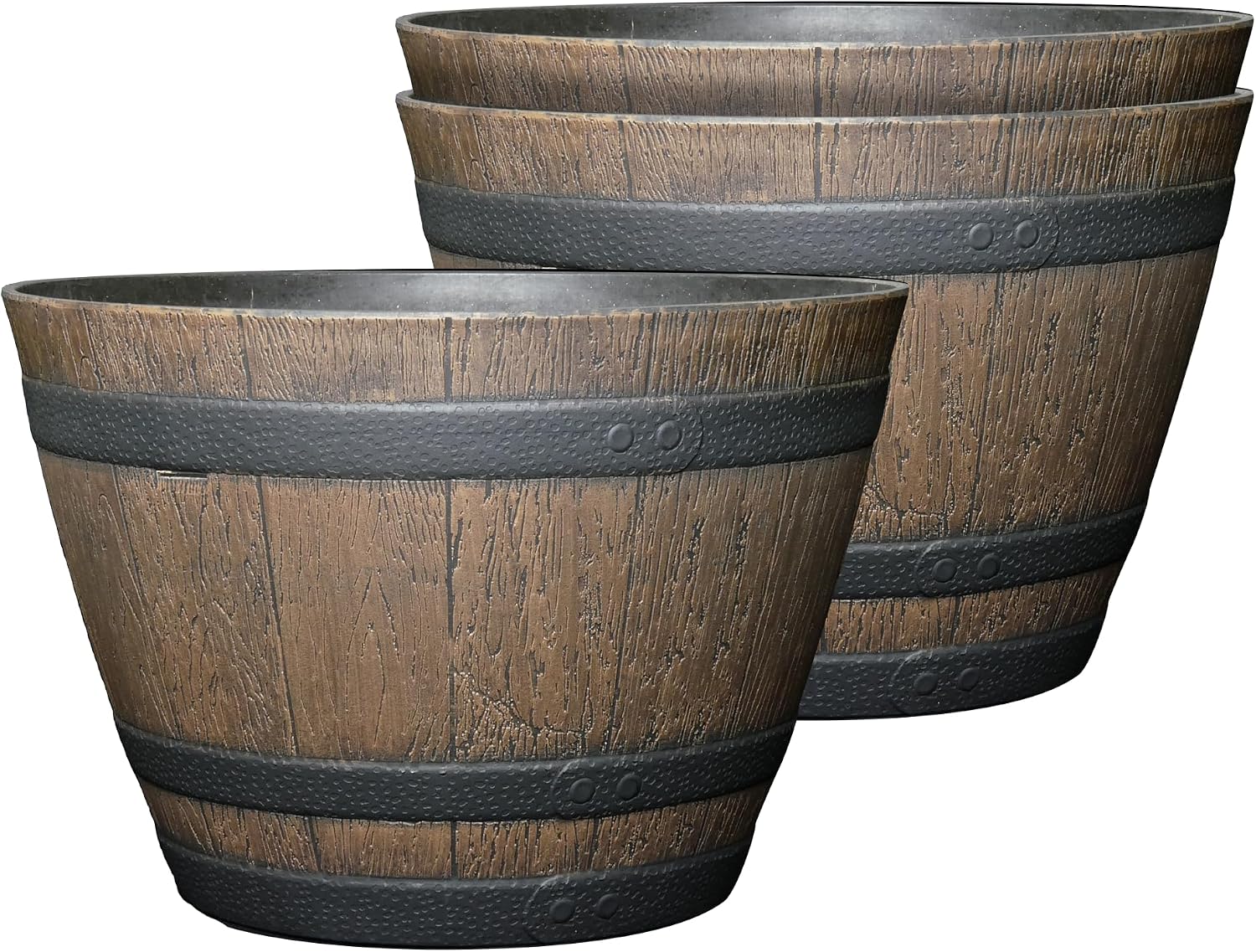 S72CP3D-037R Whiskey Barrel Planter 3 Pack, 15", Kentucky Walnut